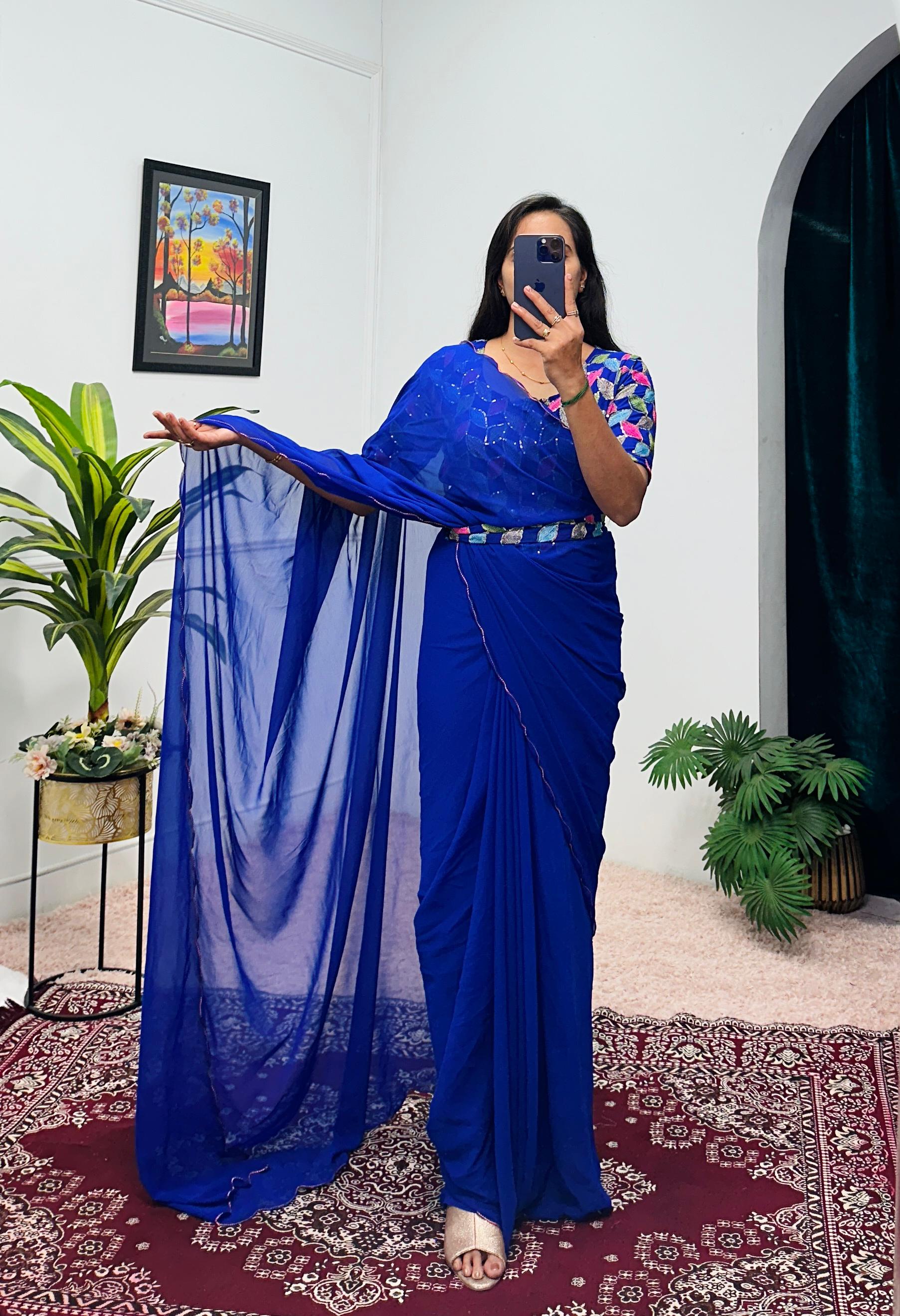 Zip & Go Faux Georgette Saree-Gown with Embroidery Work 