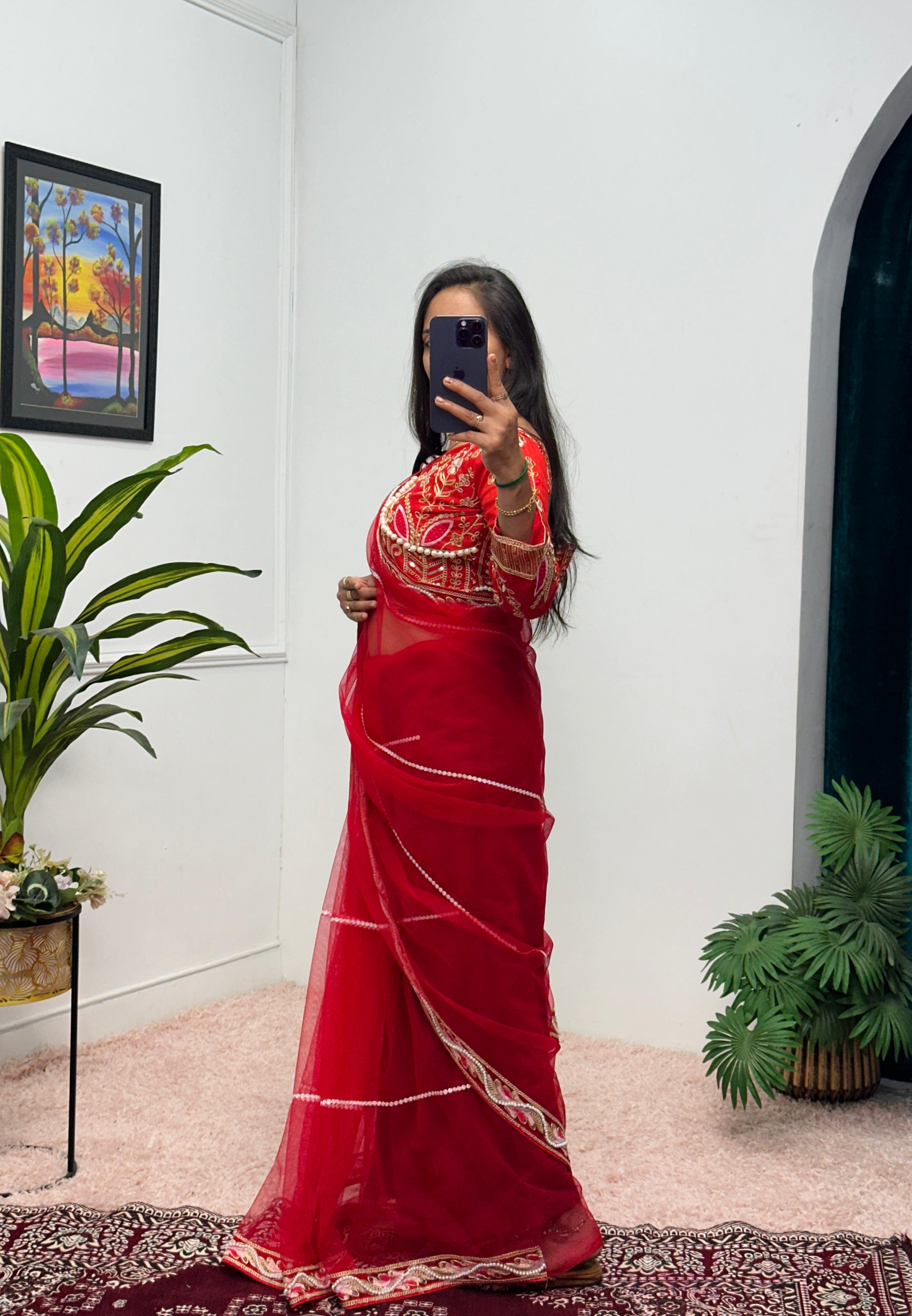 Red Butterfly Net Saree with Heavy Embroidery & Pearl Moti Work | Designer Silk Blouse (Unstitched)