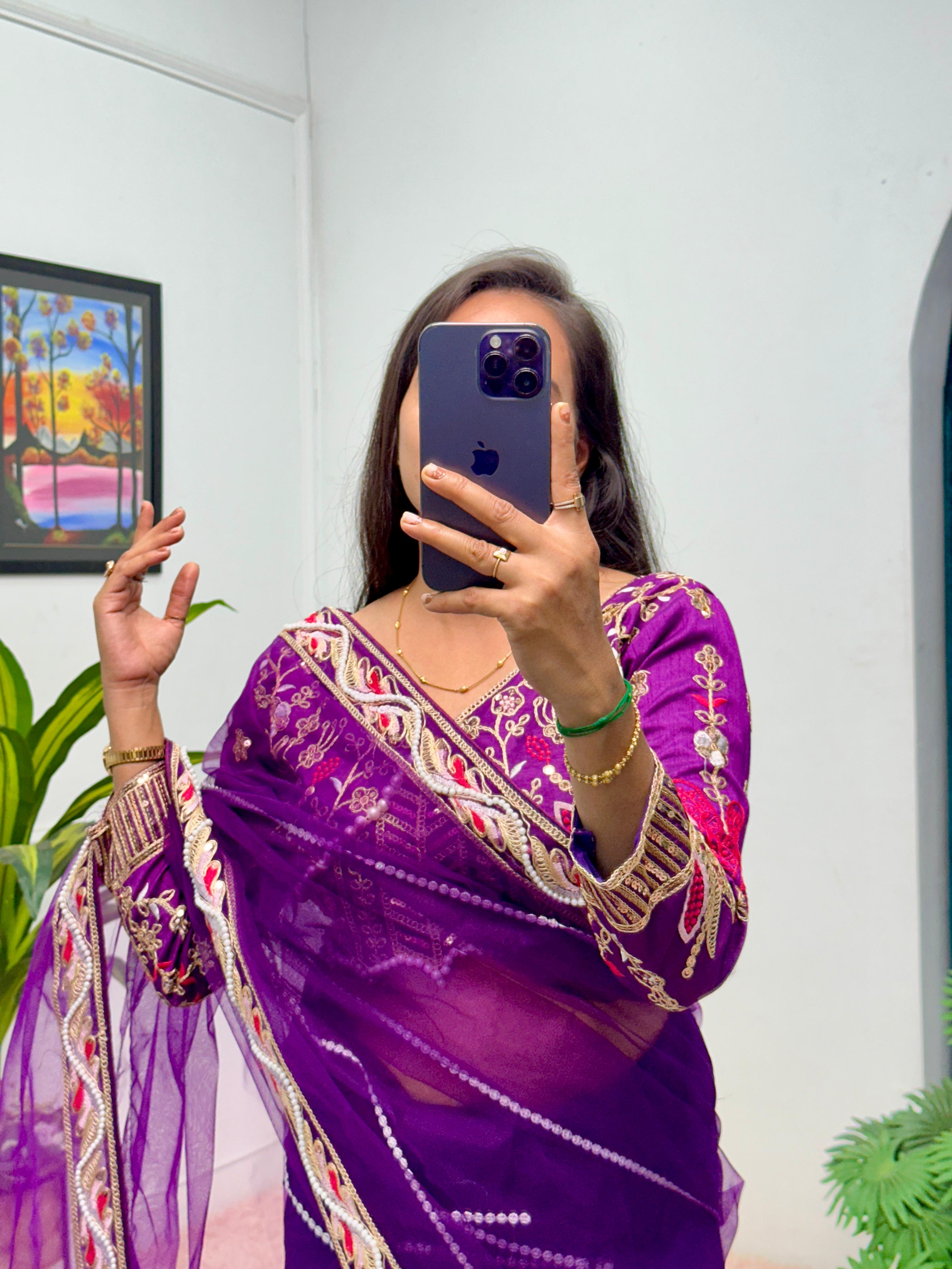 Purple Butterfly Net Saree with Heavy Embroidery & Pearl Moti Work | Unstitched Designer Silk Blouse