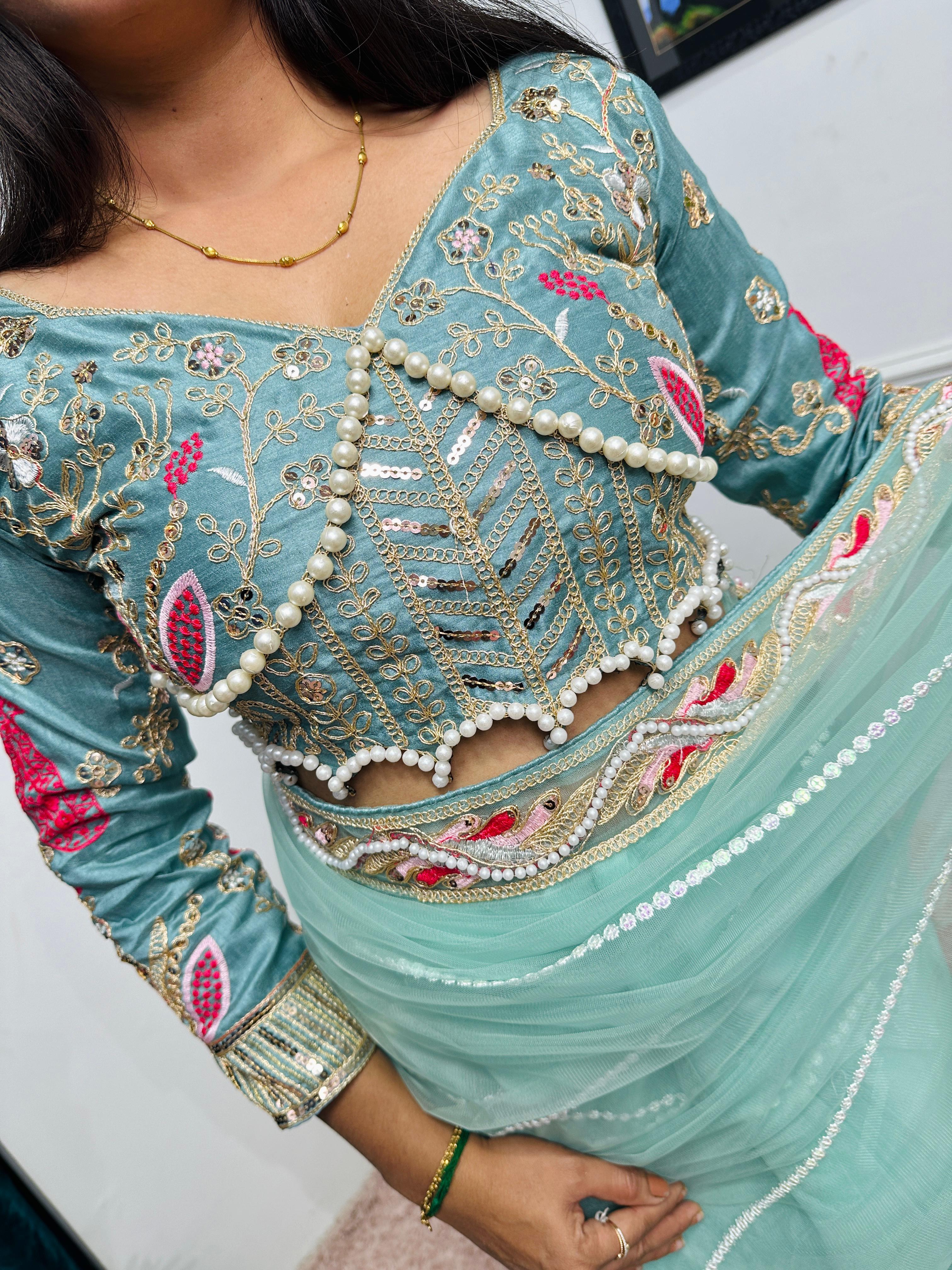 Light Blue Butterfly Net Saree with Heavy Embroidery & Pearl Moti Work | Silk Unstitched Blouse Included