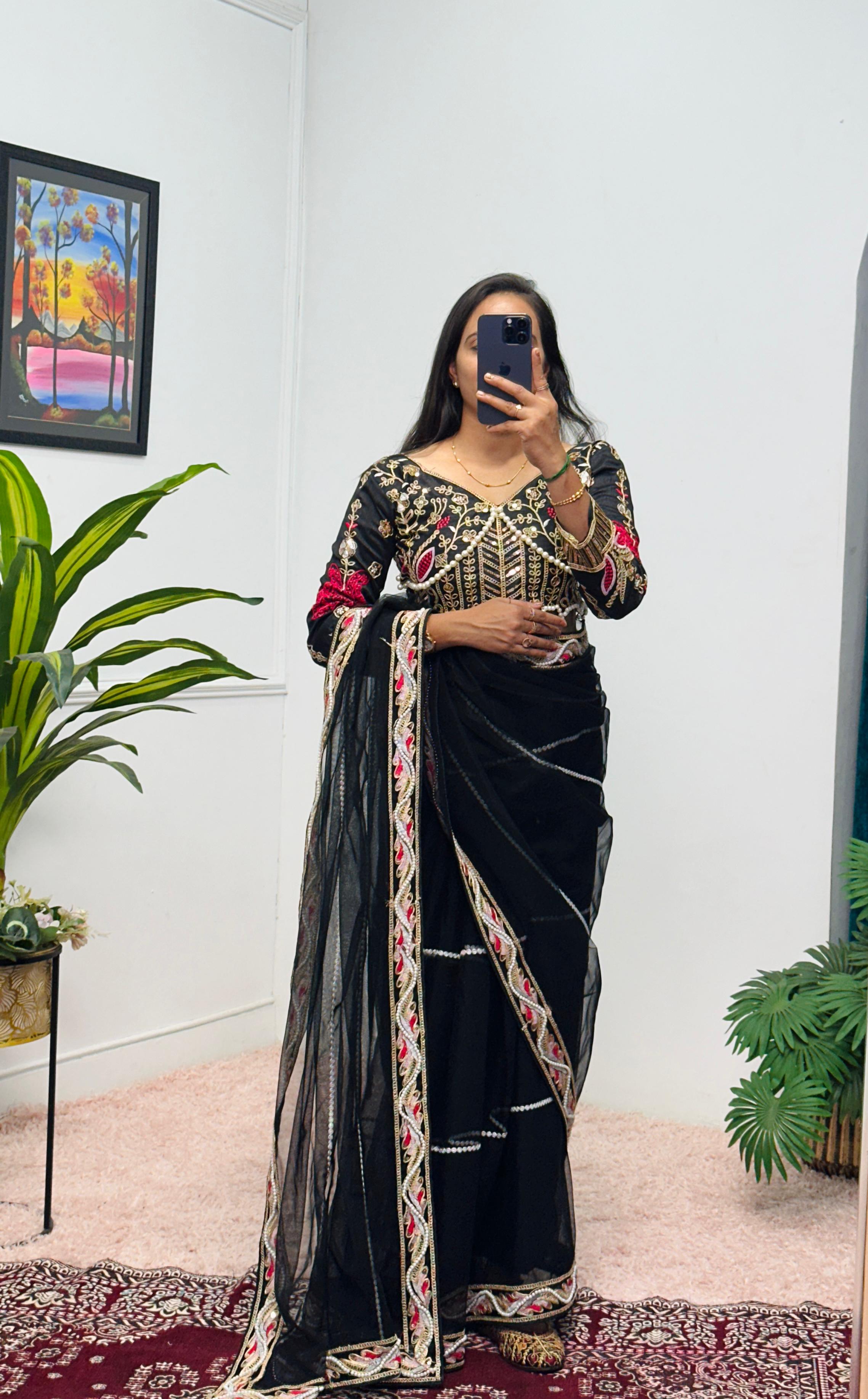 Black Butterfly Net Saree with Heavy Embroidery & Pearl Moti Work | Designer Unstitched Silk Blouse