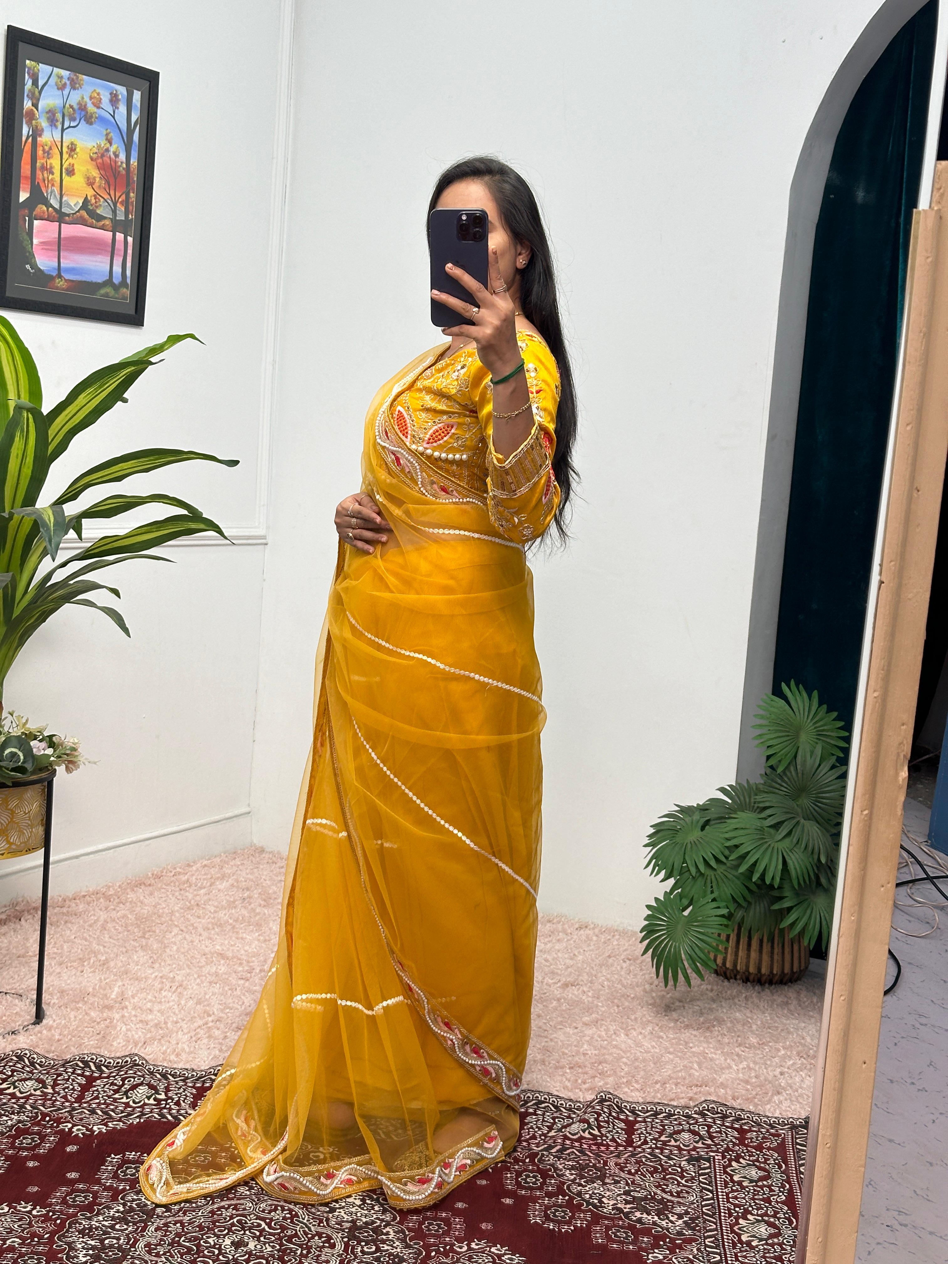 Yellow Butterfly Net Embroidered Saree with Pearl Moti Work