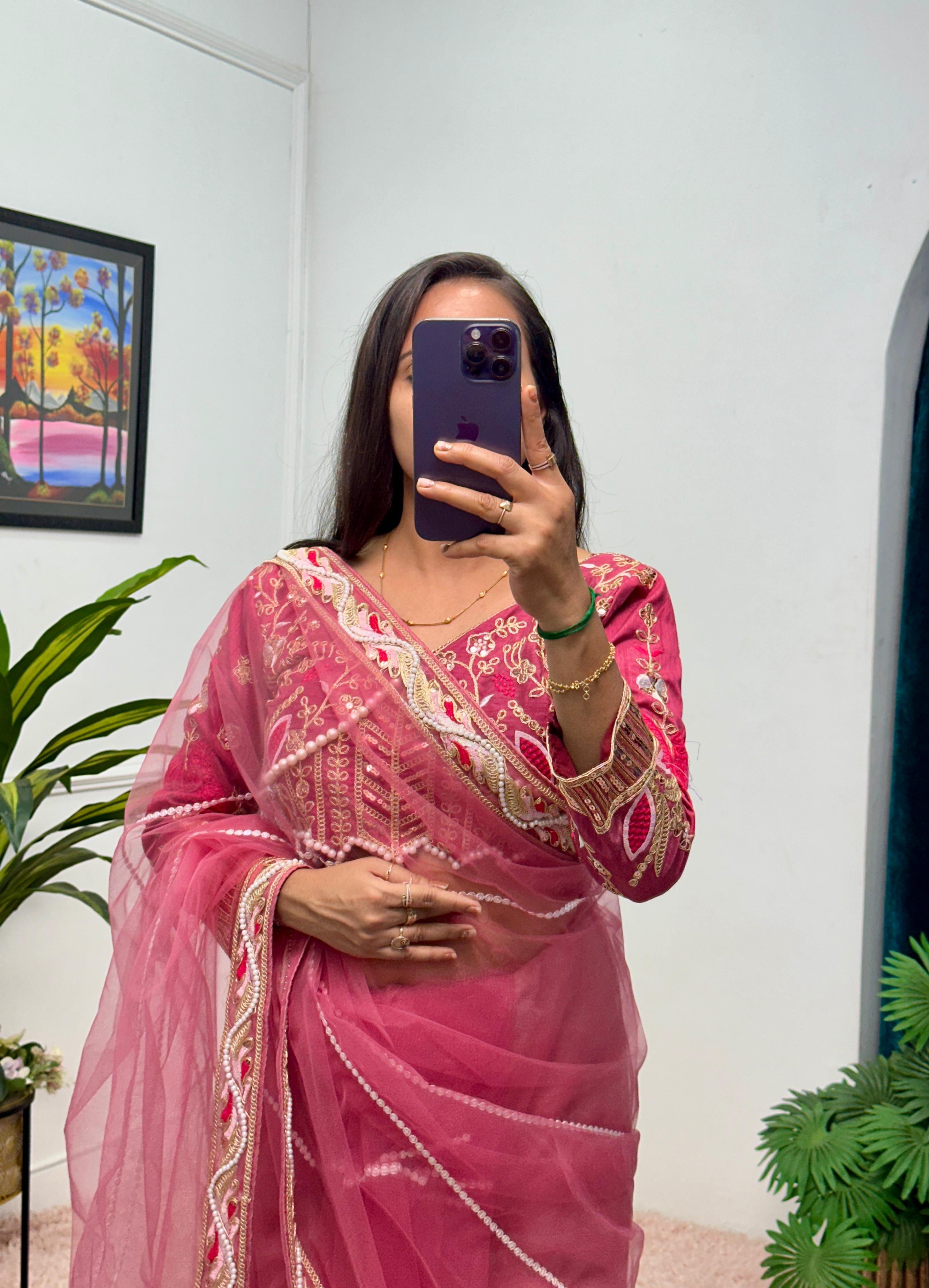 Pink Butterfly Net Saree with Heavy Embroidery & Pearl Moti Work | Designer Unstitched Silk Blouse