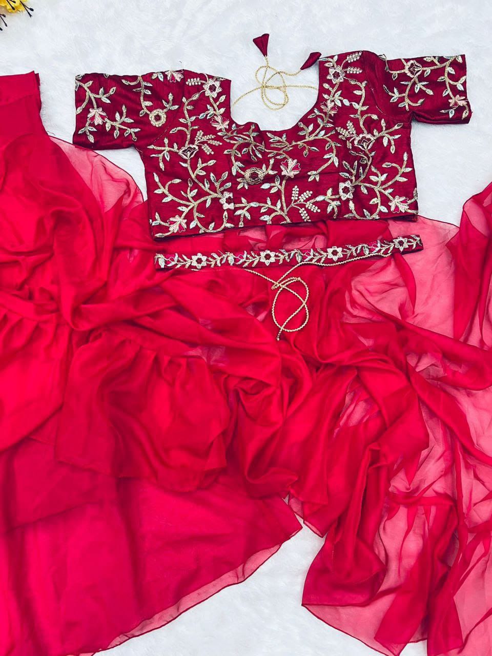 Red Designer Party Wear Lehenga Saree in Apple Organza with Embroidered Belt & Stitched Blouse – Fully Stitched, Free Size (42XL)