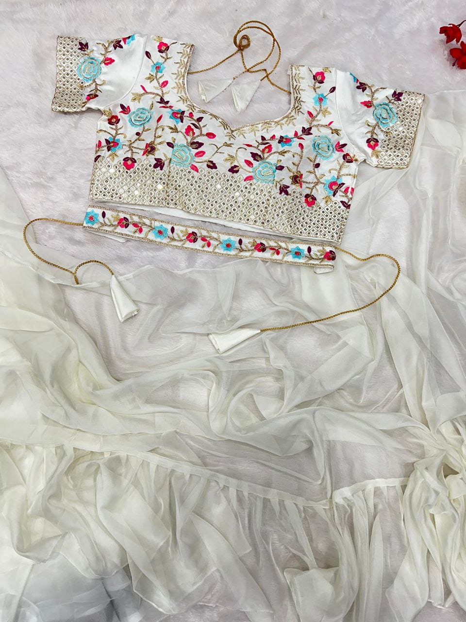 White/Silver Designer Party Wear Lehenga Saree in Apple Organza with Embroidered Belt & Sequence Work Blouse – Fully Stitched, Free Size (42XL)