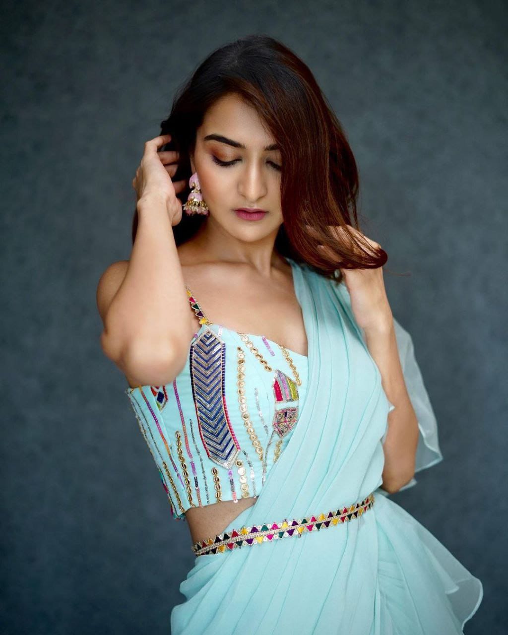 Light Blue Designer Party Wear Lehenga Saree in Apple Organza with Embroidered Belt & Sequence Work Blouse – Fully Stitched, Free Size (42XL)