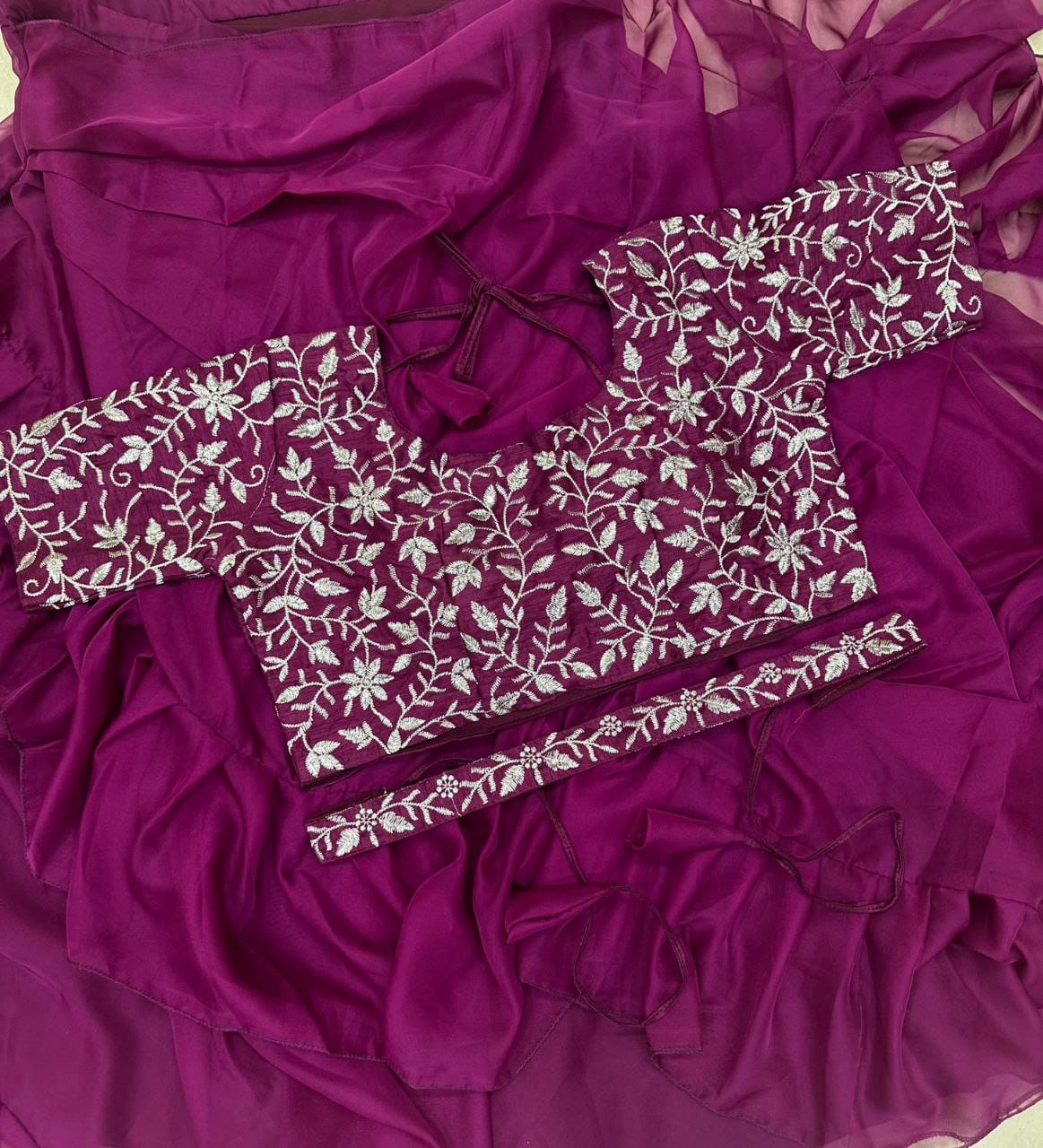 Elegant Wine Lehenga Saree in Apple Organza with Embroidered Blouse & Ruffle Dupatta – Party Ready Look