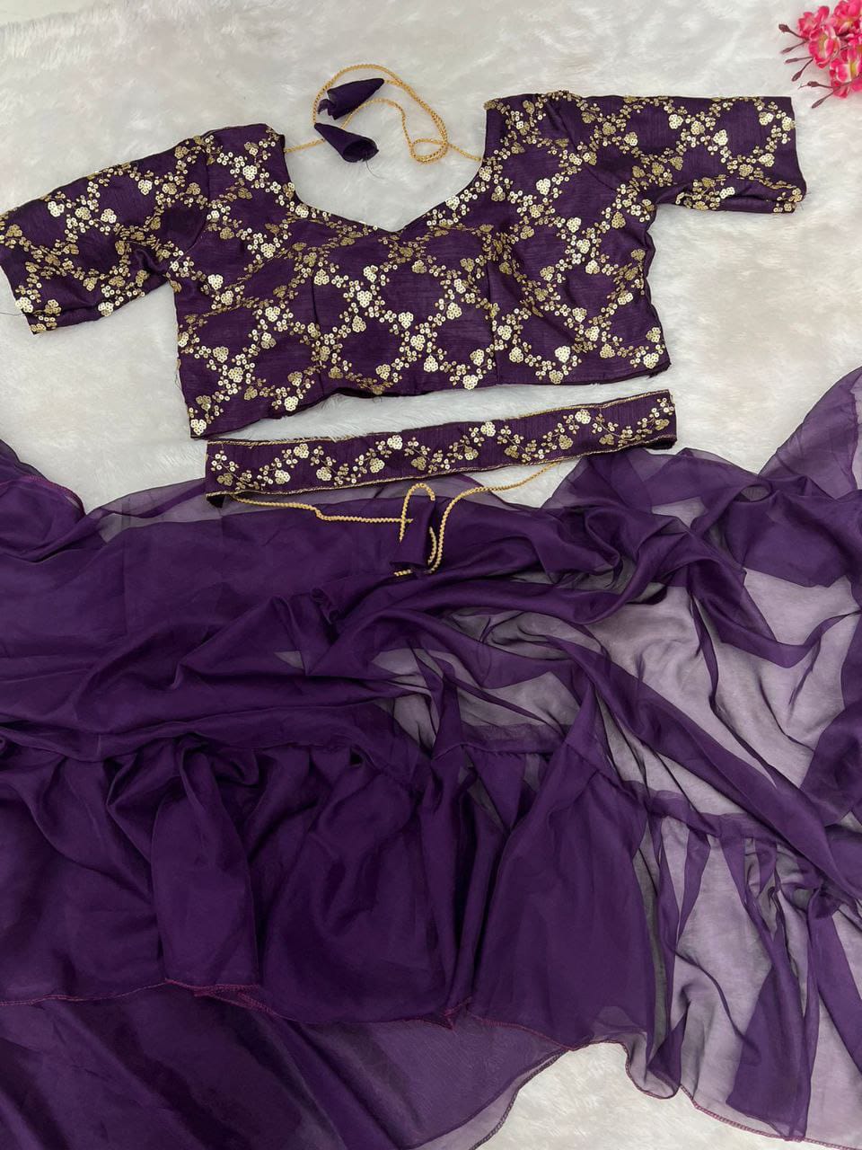 Royal Purple Designer Lehenga Saree with Embroidered Blouse & Ruffle Dupatta – Luxe Party Wear