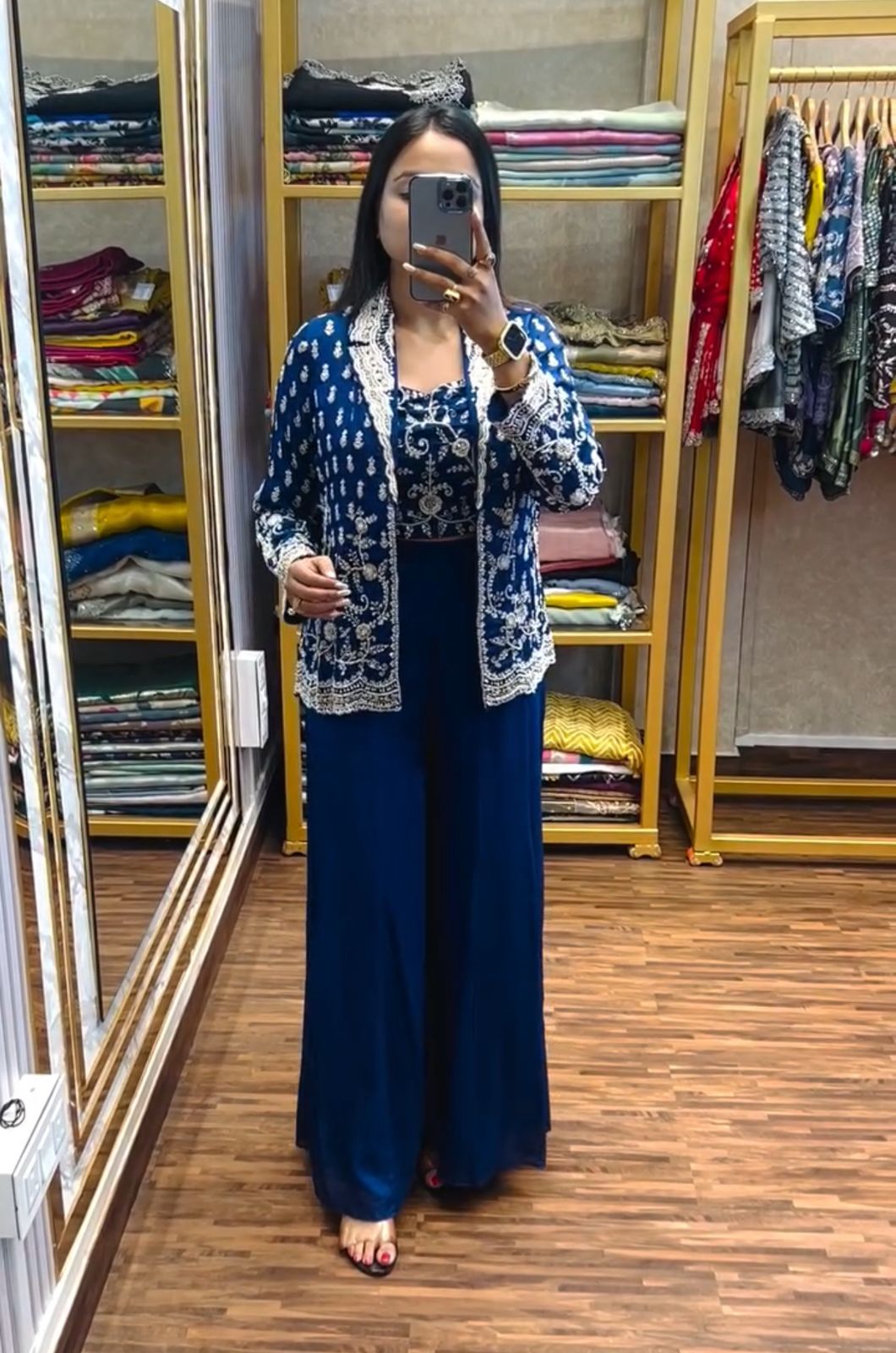 Royal Blue Embroidered Koti with Palazzo Set – Elegant Party Wear in Chinon & Banglori