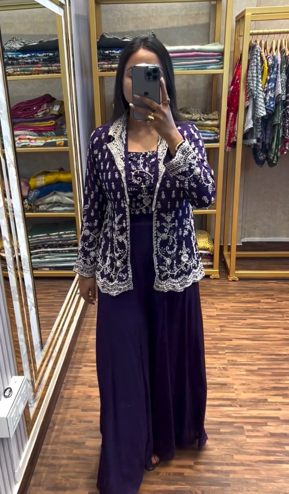 Navy Blue Embroidered Koti with Palazzo Set – Premium Party Wear in Chinon & Banglori
