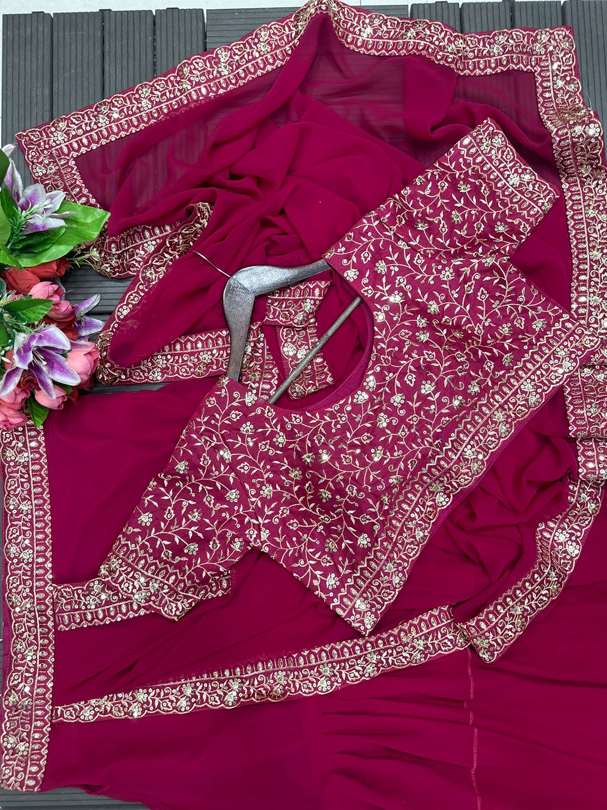 Designer Wine Georgette Ruffle Lehenga Saree with Embroidered Blouse – Elegant Ready-to-Wear Glam