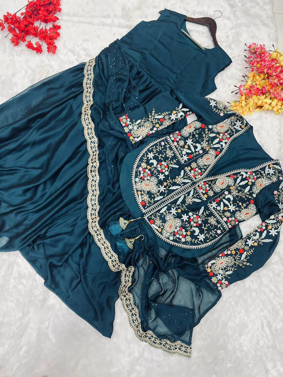 Dark Teal Chinon Gown with Embroidered Jacket – Regal Elegance with a Festive Flair