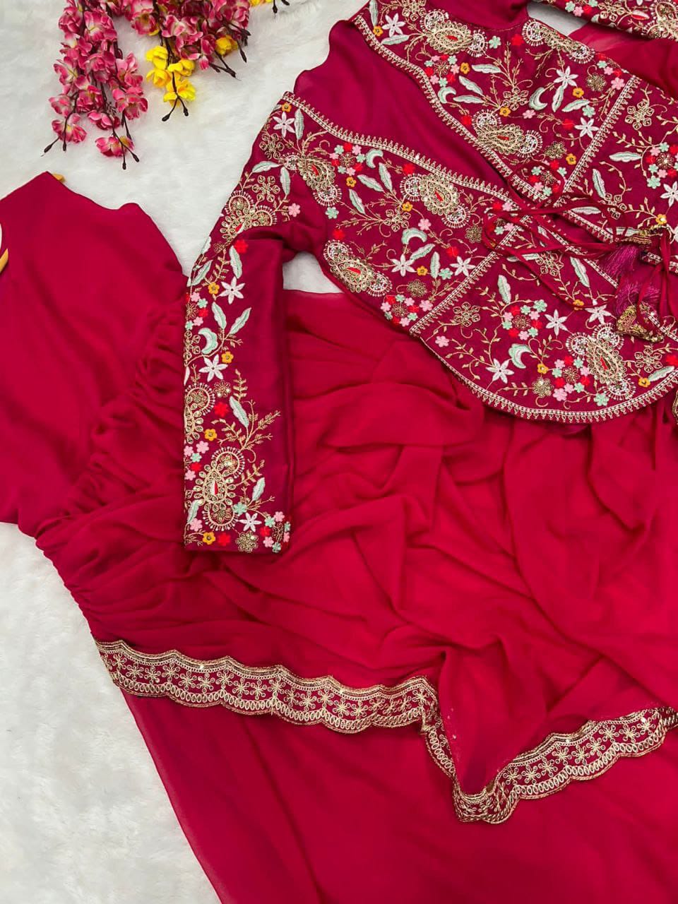 Rani Pink Embroidered Chinon Gown with Jacket – Festive Flare & Royal Charm