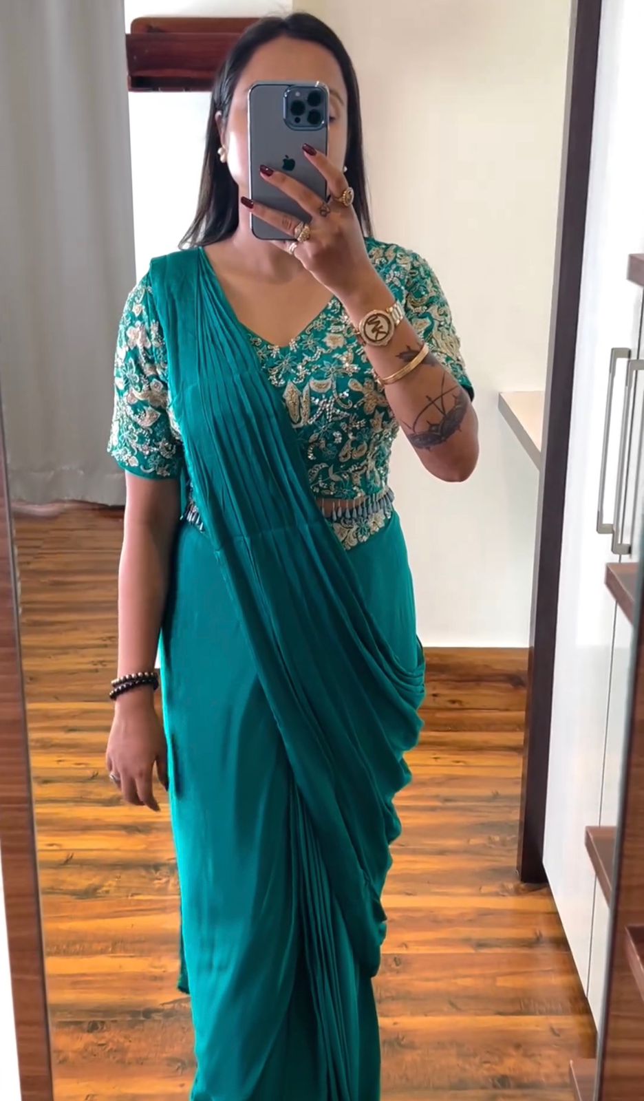 Teal Green Pre-Stitched Chinon Saree with Embroidered Banglori Blouse & Belt – Elegant Designer Look