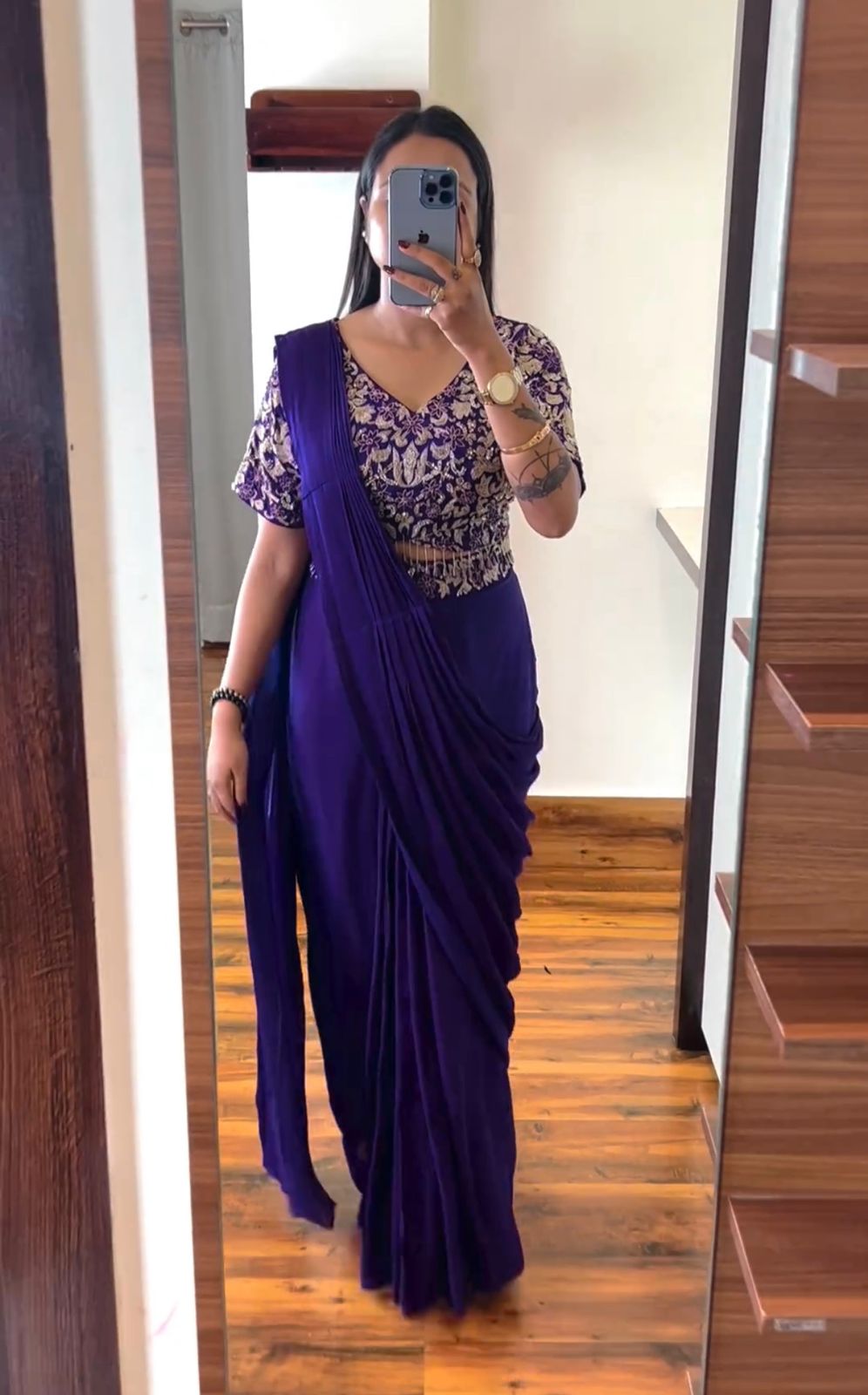 Royal Purple Pre-Stitched Chinon Saree with Heavy Embroidered Banglori Blouse & Belt