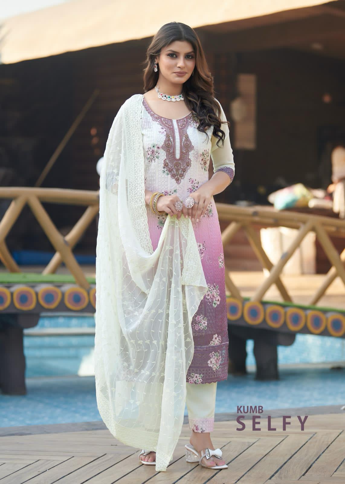 Elegant Pink Shiffli Embroidered Georgette Suit with Handwork Neck – KUMB SELFY Edition