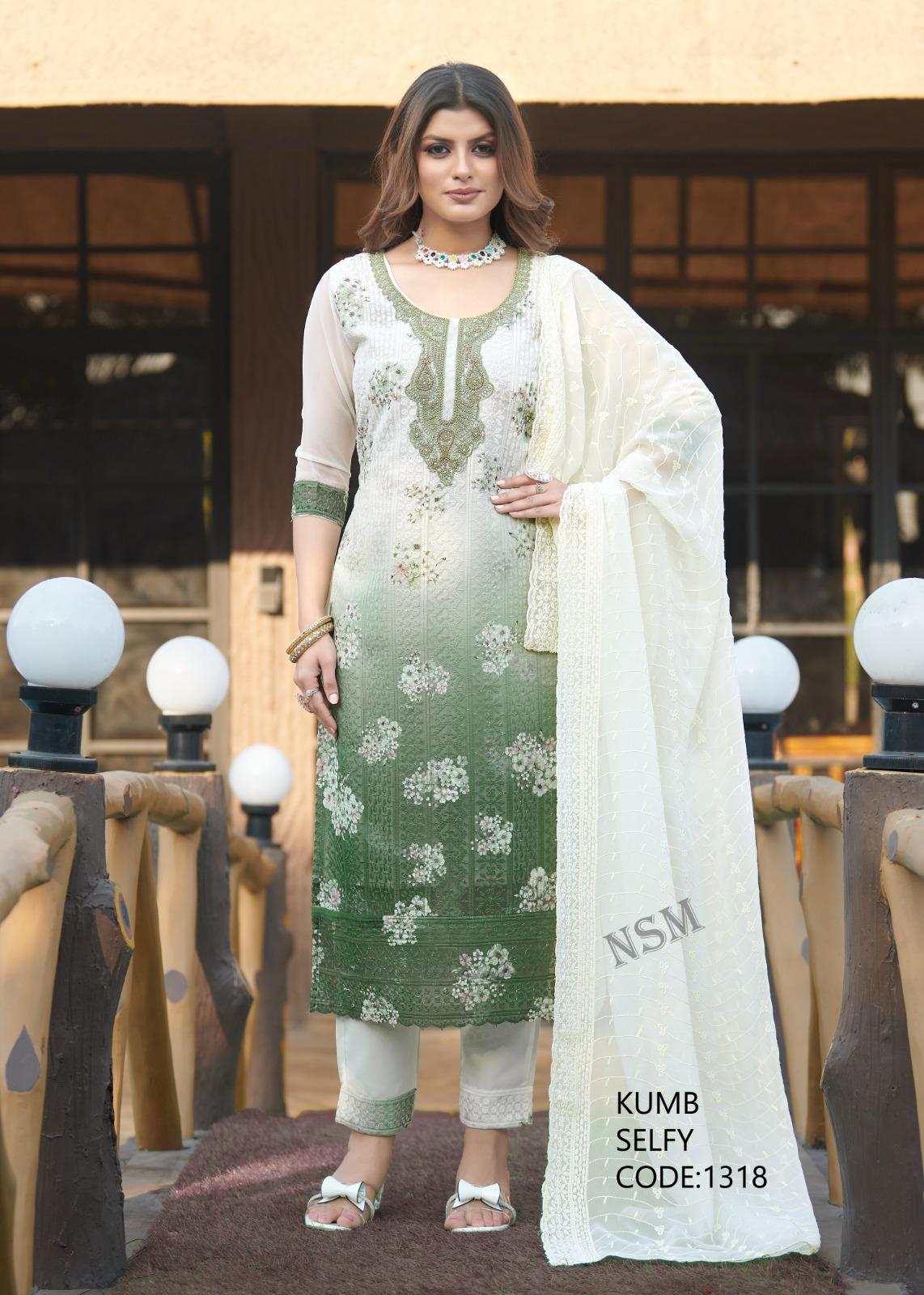 Graceful Olive Green Shiffli Embroidered Georgette Suit with Handwork Neck – KUMB SELFY Collection