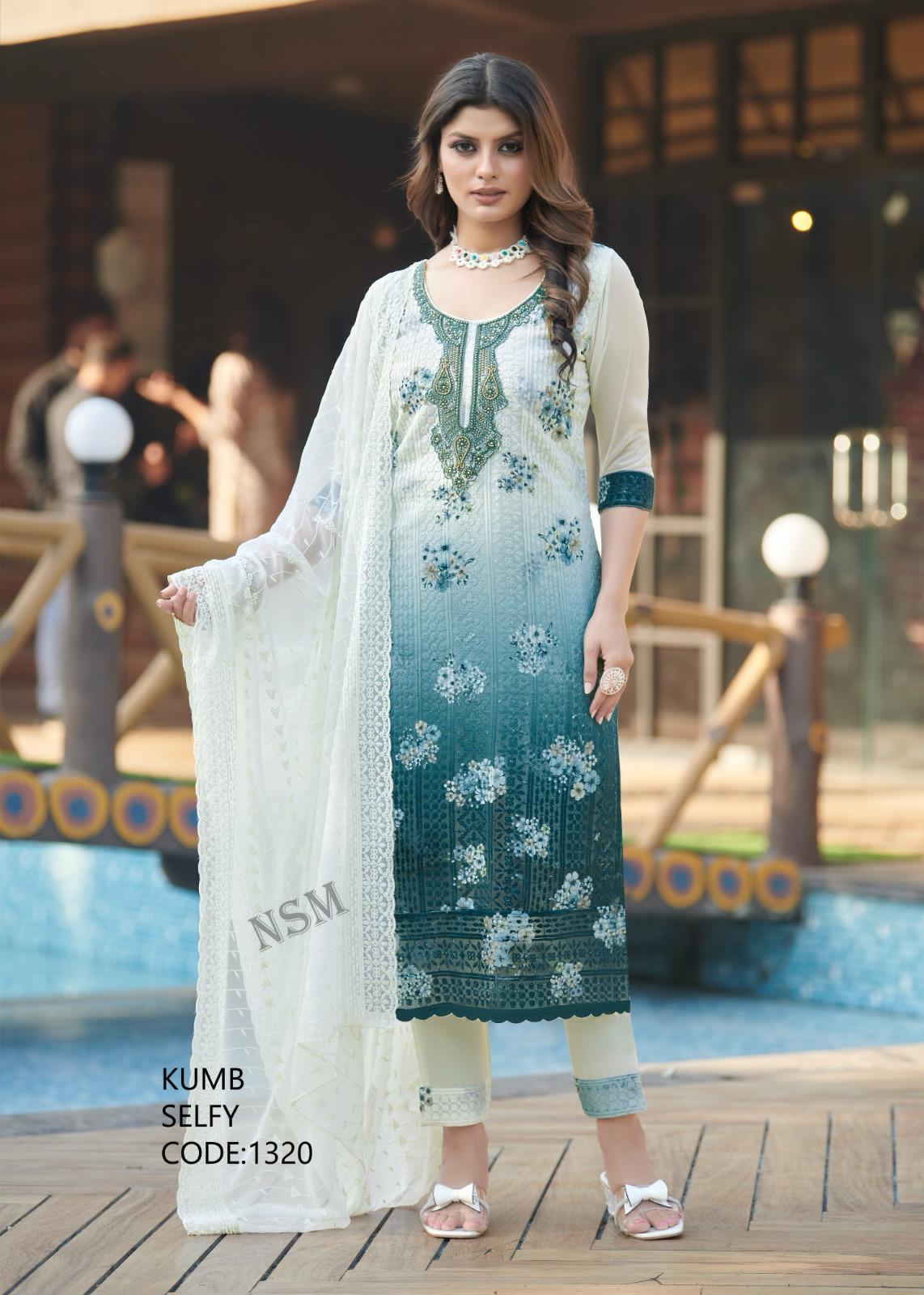 Royal Blue Georgette Shiffli Embroidered Suit with Handworked Neckline – KUMB SELFY Collection