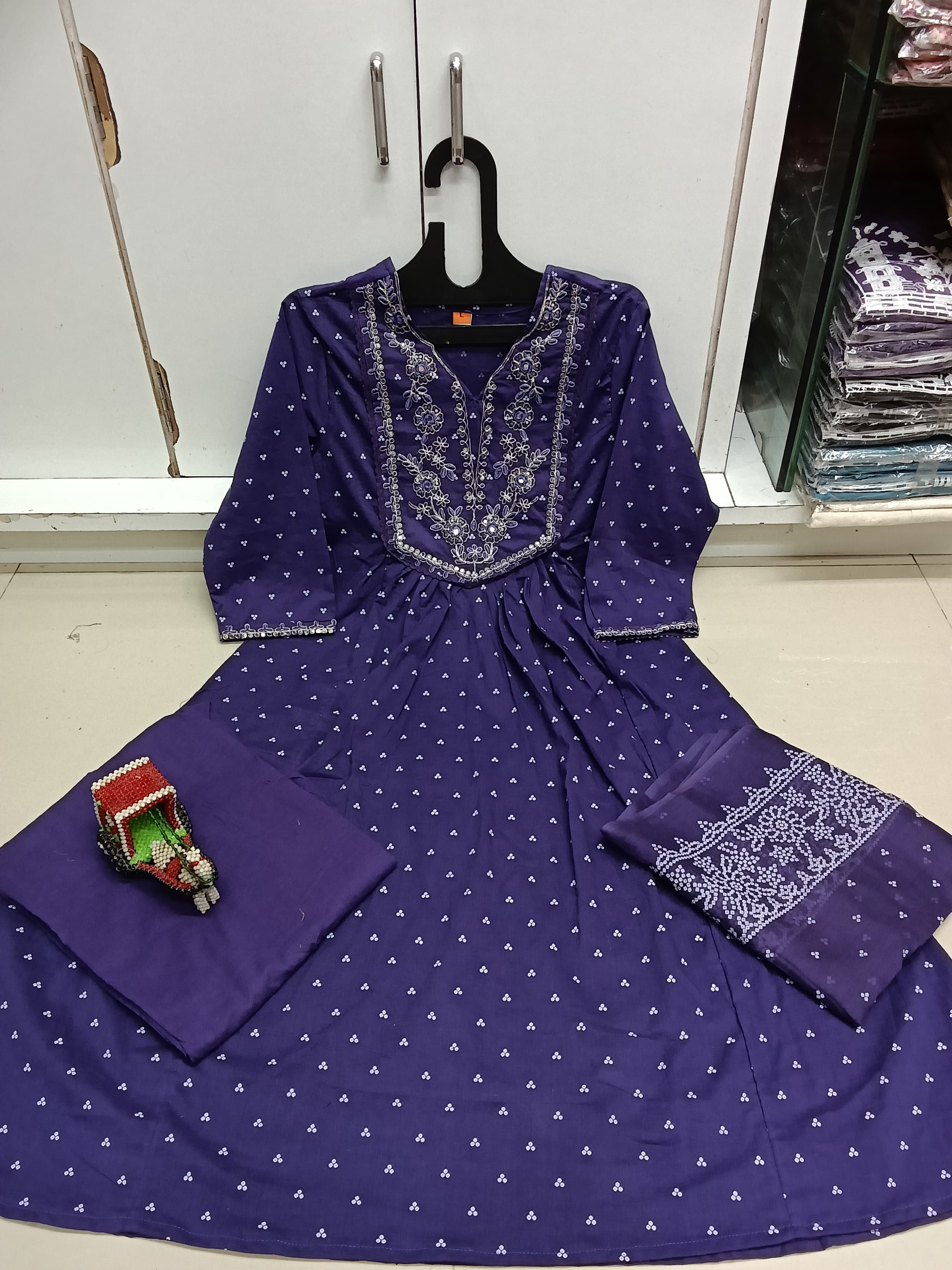 Navy Blue Cotton Anarkali Kurta Set with Embroidered Yoke & Malmal Tiered Dupatta – TC New Launch