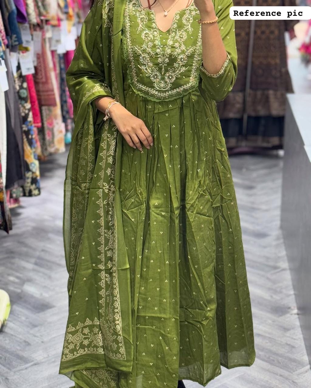Olive Green Cotton Anarkali Kurta Set with Embroidered Yoke & Malmal Dupatta – TC Ethnic Charm