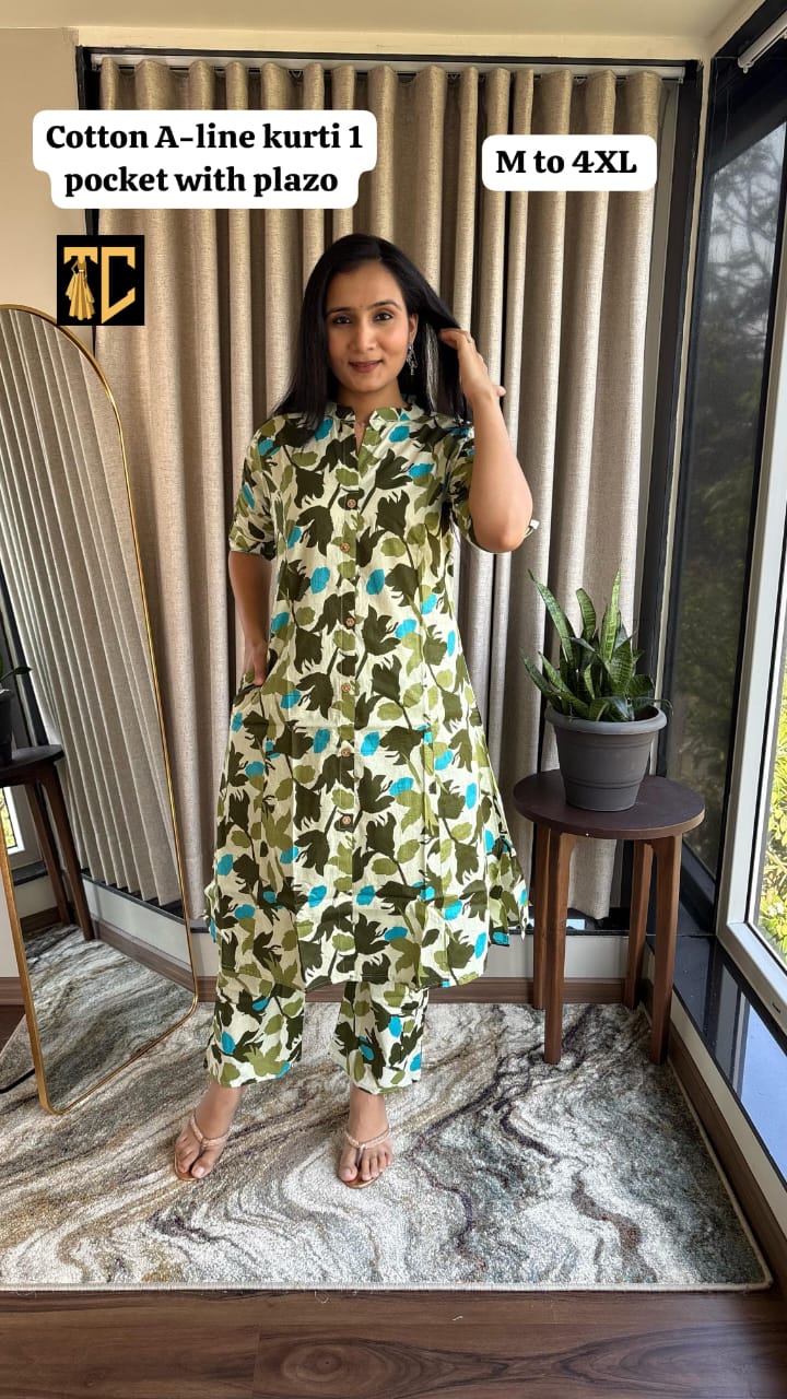 Solid Color A-line Princess Kurti with One-Side Pocket & Semi Palazzo – Premium Jaipur Cotton Set