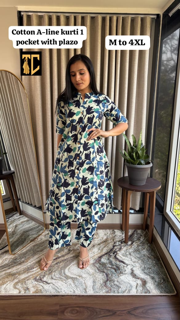 Blue Floral Print A-Line Princess Kurti with Semi Palazzo – Jaipur Cotton Elegance with Pocket Detail