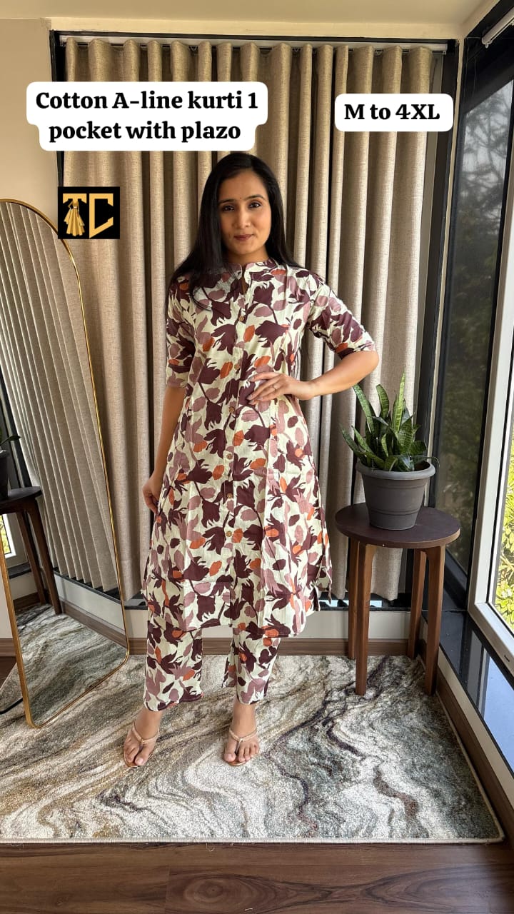 Pink Floral Print A-Line Princess Kurti with Semi Palazzo – Elegant Jaipur Cotton with Pocket Style