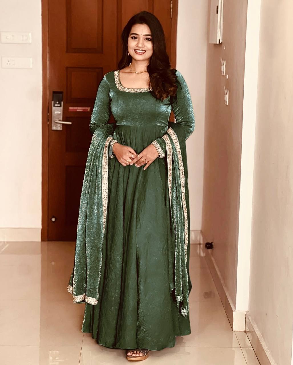 Green Heavy Fandy Silk Embroidered Gown with Dupatta – Elegant Party Wear with Multithread & Sequin Work