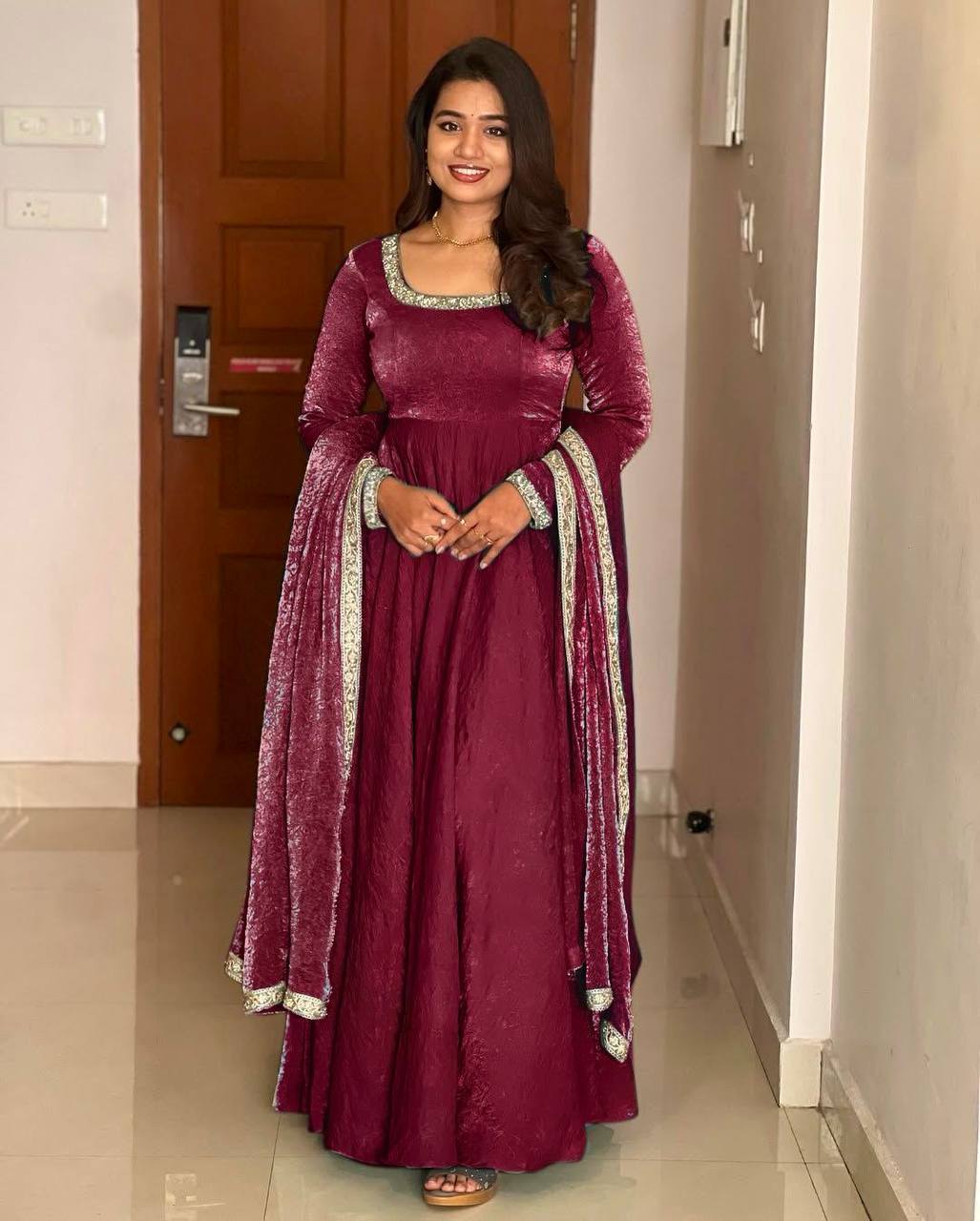 Brown Heavy Fandy Silk Designer Gown with Dupatta – Multithread Embroidery & Sequin Party Wear Elegance