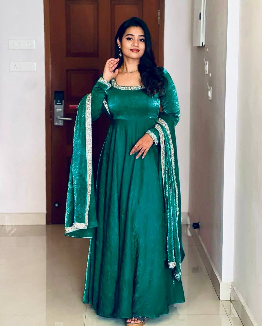 Peacock Green Heavy Embroidered Gown with Dupatta – Multithread & Sequin Party Wear Elegance