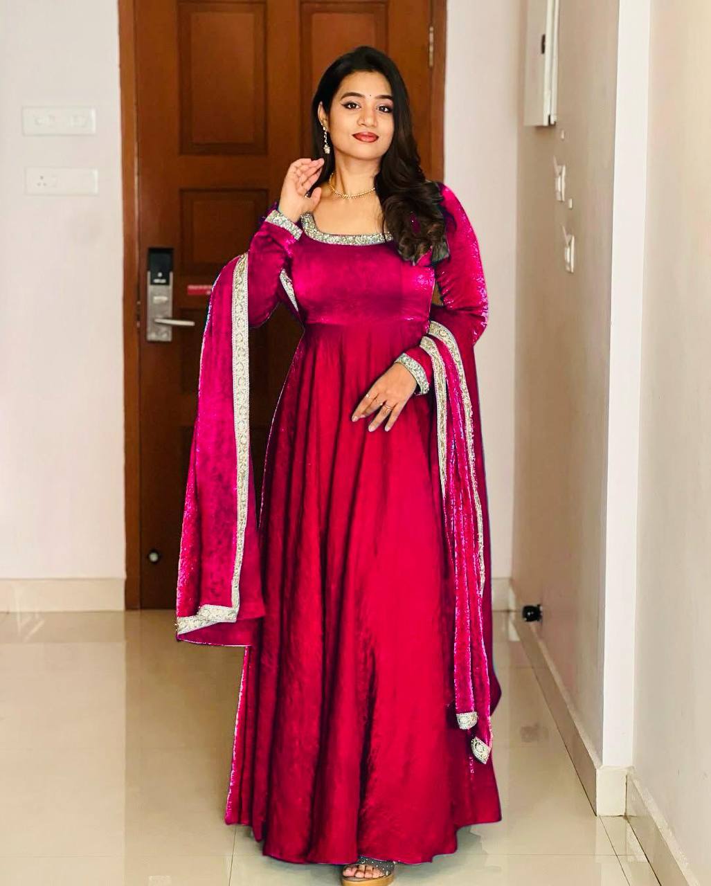 Radiant Red Heavy Embroidered Gown with Dupatta – Party Wear Glam in Sequin & Thread Work