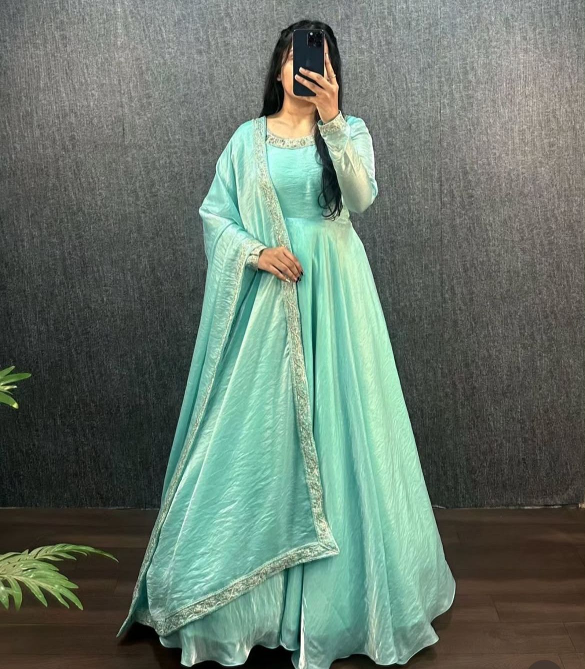 Aqua Blue Heavy Embroidered Gown with Dupatta – Dreamy Elegance in Thread & Sequin Work