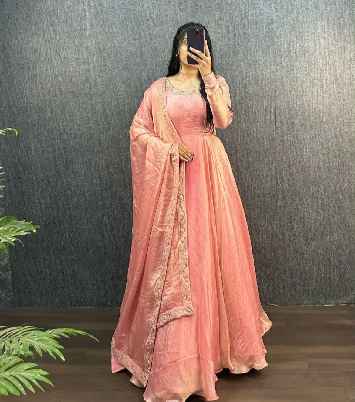 Elegant Peach Designer Gown with Dupatta – Embroidered Perfection for Every Occasion