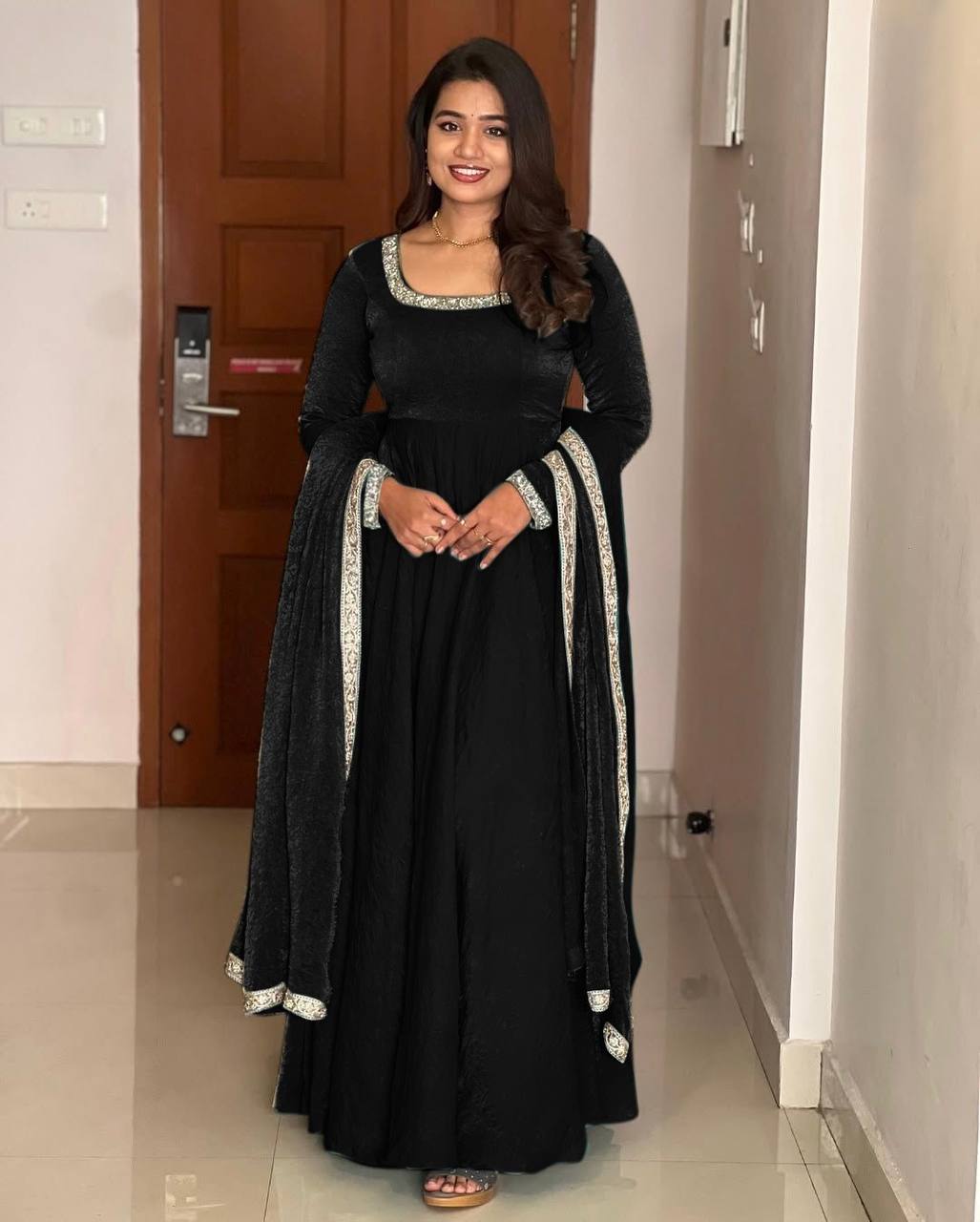 Black Heavy Designer Gown with Dupatta – Bold Elegance with Embroidery & Sequin Glam