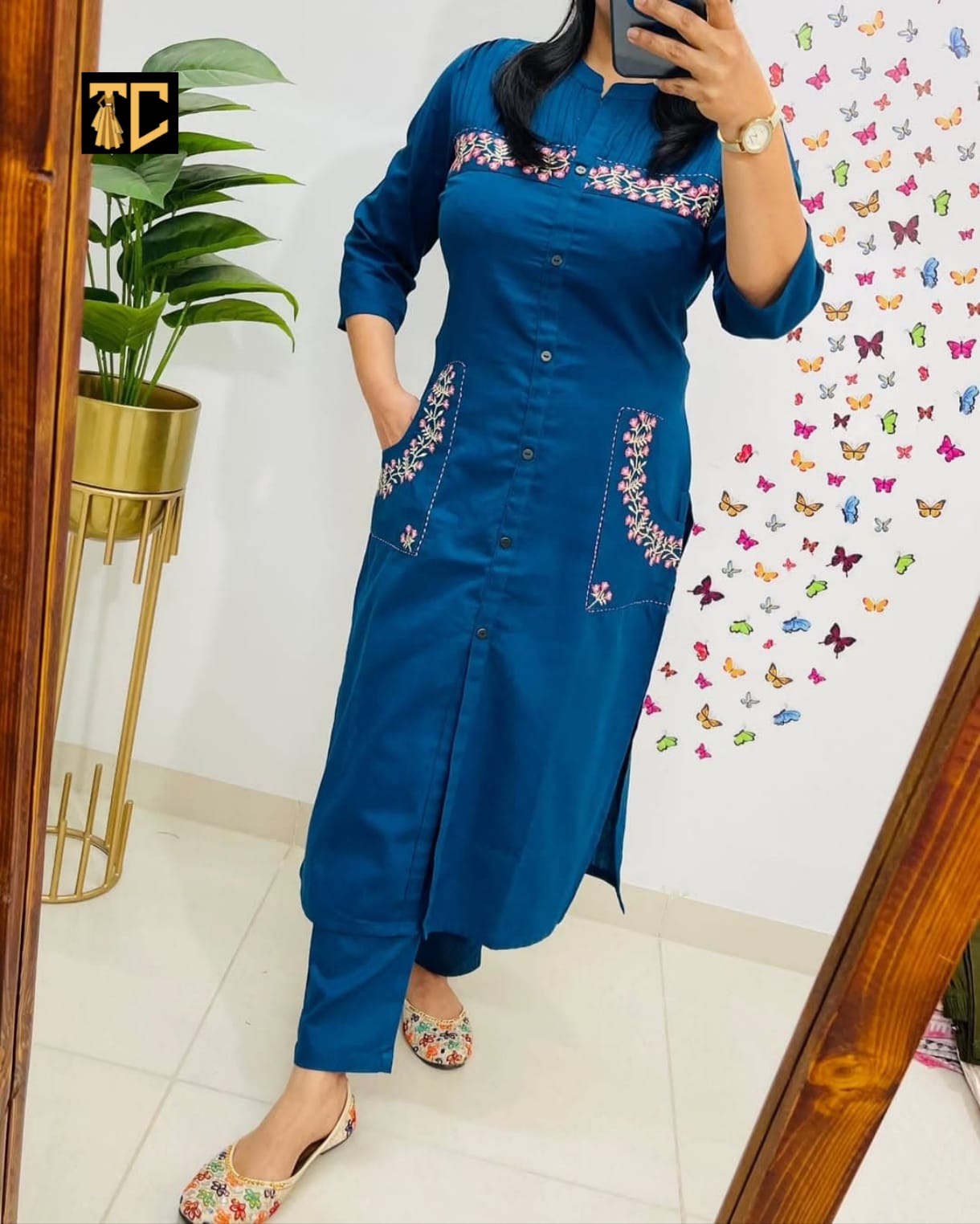 Royal Blue Cotton Embroidered Kurti with Pant Set – Classic Comfort with Ethnic Charm
