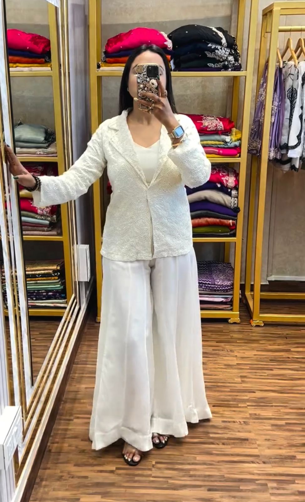 Elegant White Chinon Plazzo Set with Embroidered Koti – Ethnic Grace Meets Designer Detail