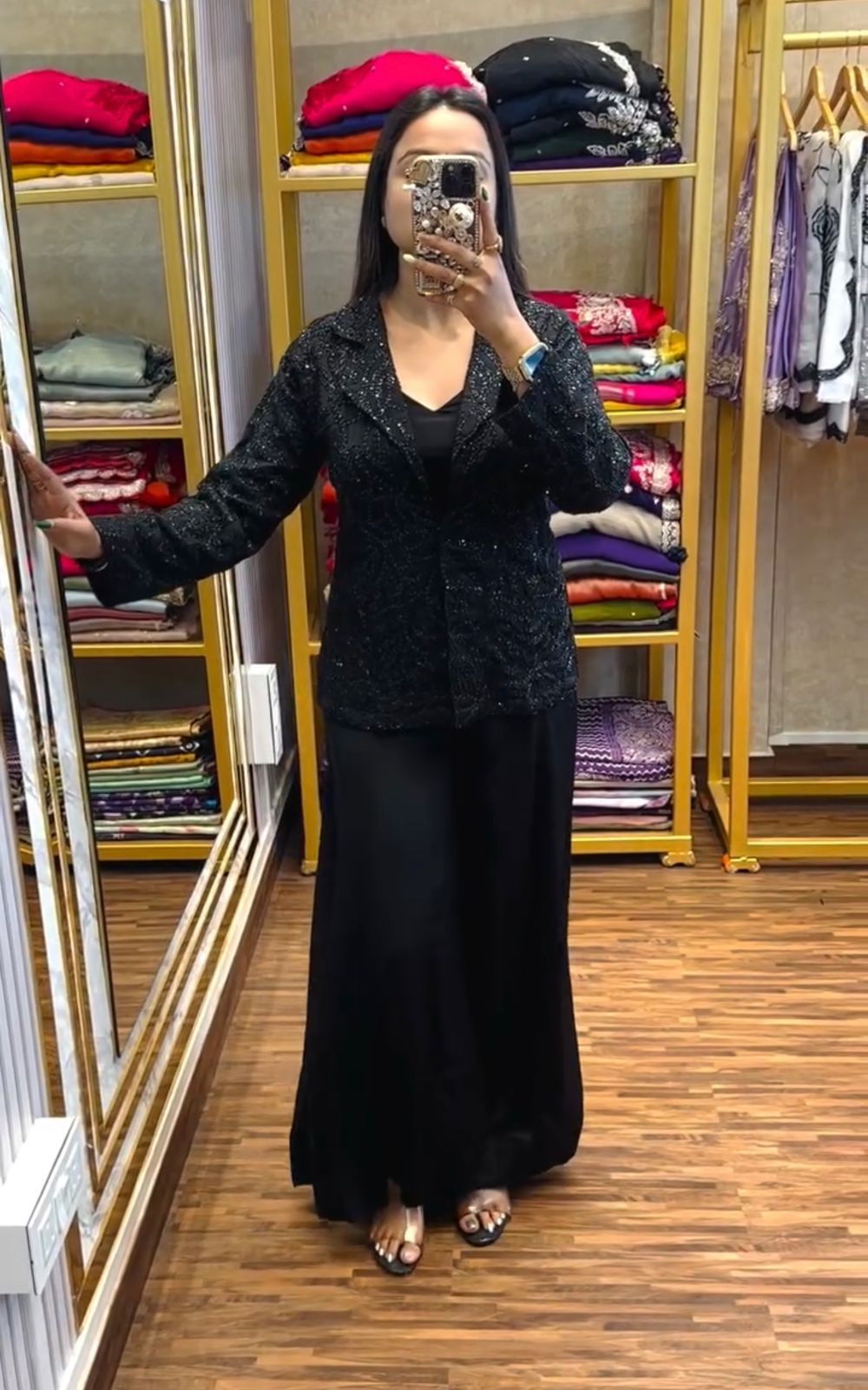 Timeless Black Chinon Plazzo Set with Embroidered Koti – Bold Elegance for Every Occasion