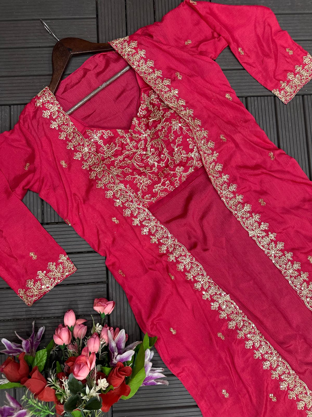Radiant Red Embroidered Chinon Sharara Set with Long Shrug – Festive Flair in Every Step