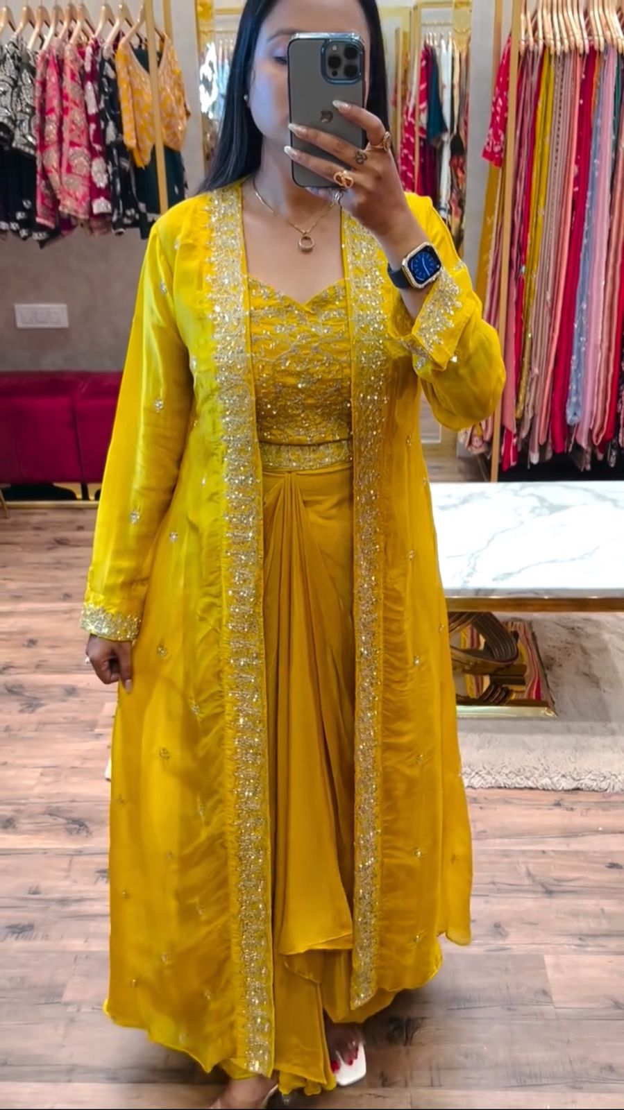 Sunshine Yellow Embroidered Chinon Sharara Set with Stylish Shrug – Radiate Festive Joy