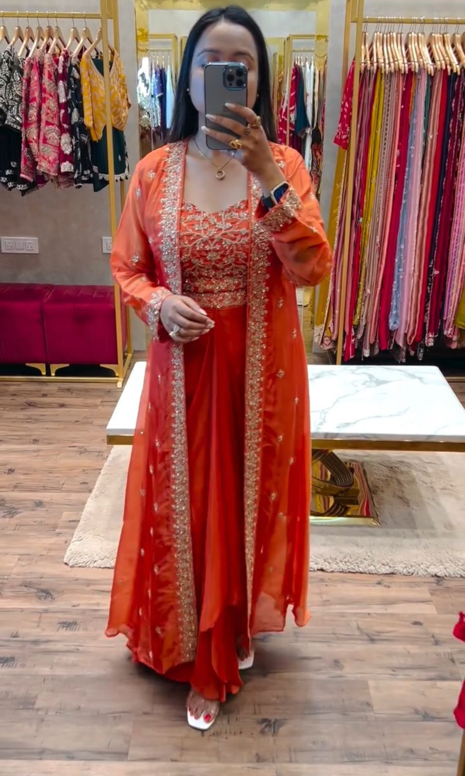 Vibrant Orange Chinon Embroidered Sharara Set with Designer Shrug – A Festive Must-Have