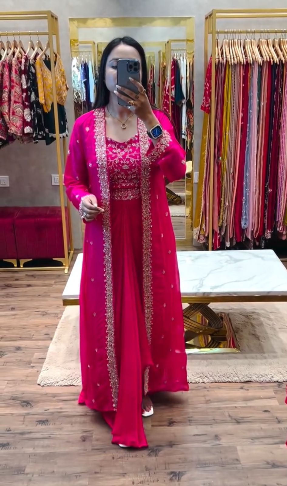 Rani Pink Chinon Embroidered Sharara Set with Elegant Shrug – A Regal Festive Ensemble