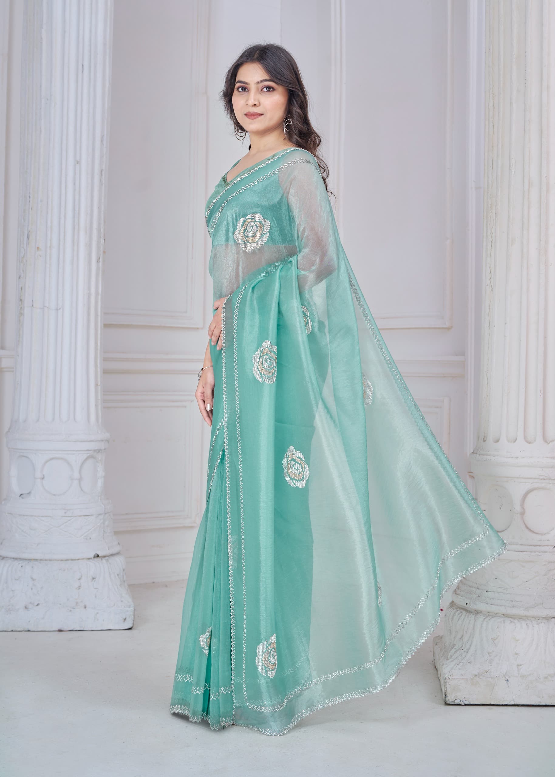 Mint Green Supreme Organza Saree with Handcrafted Zarkan Work – Catalog 953 Series | Party & Festive Wear