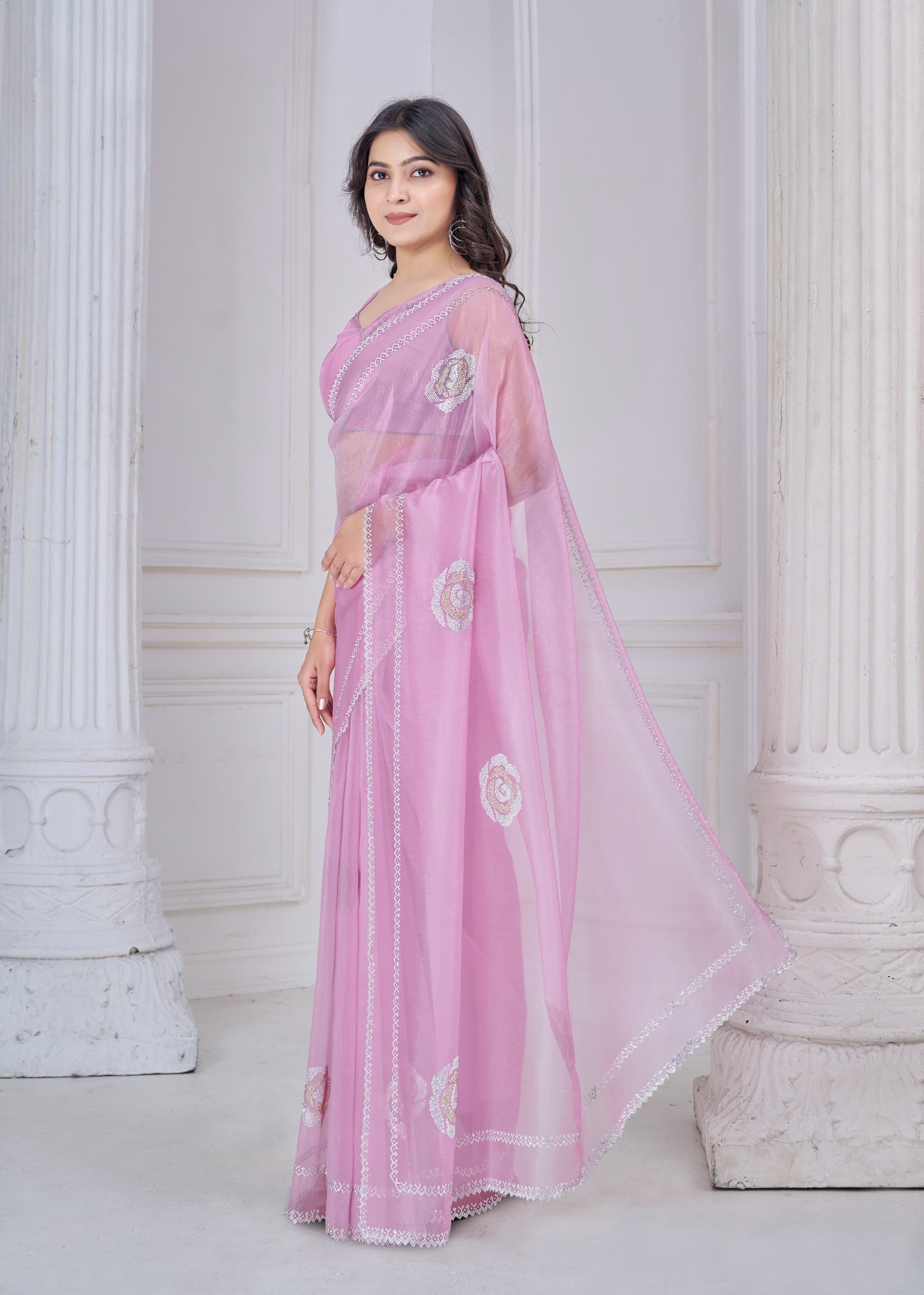 Pink Supreme Organza Saree with Handcrafted Zarkan Work – Elegant Party & Festive Wear | Catalog 953 Series