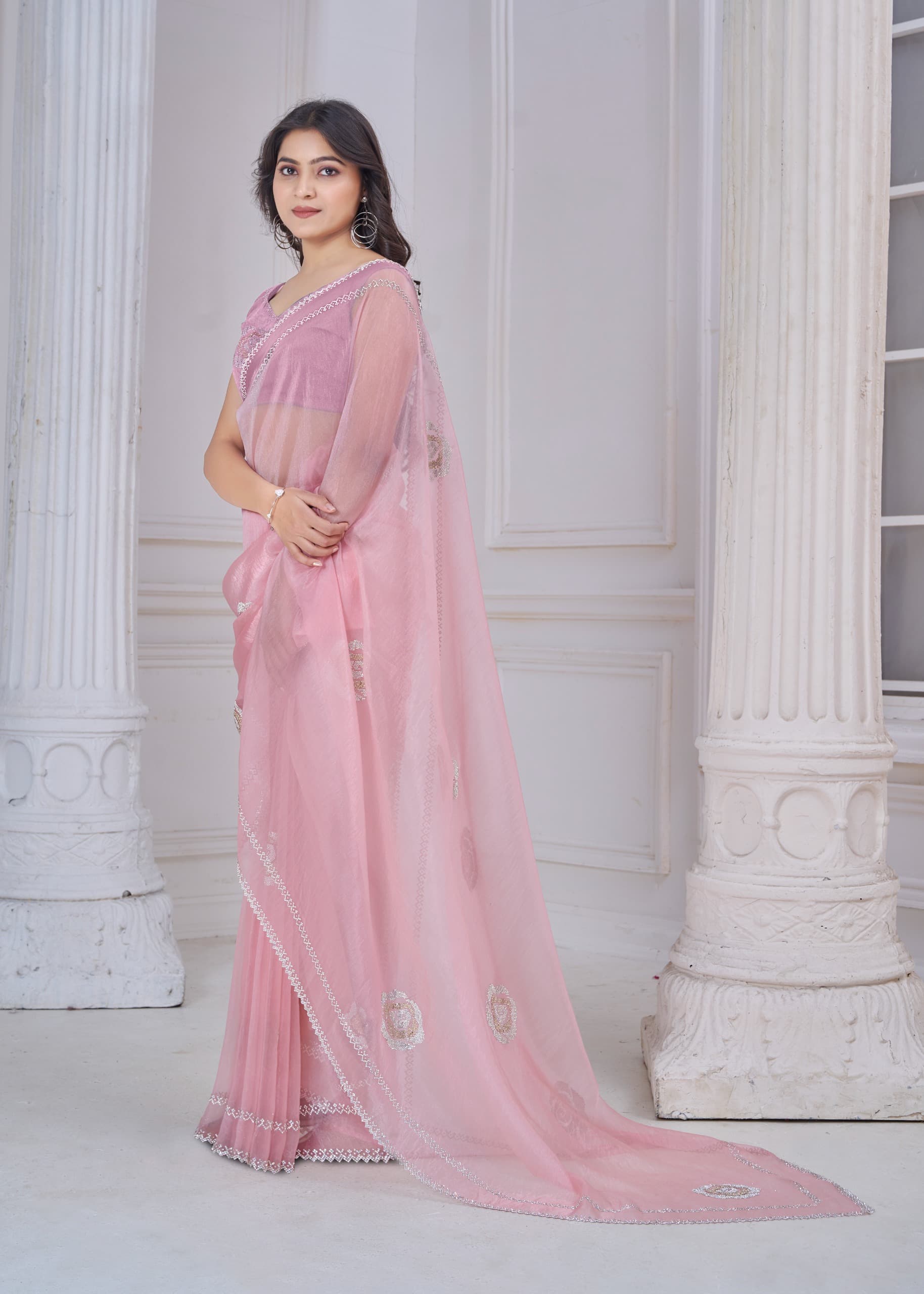 Light Rose Pink Supreme Organza Saree with Zarkan Hand Embroidery – Premium Festive & Wedding Wear | Catalog 953