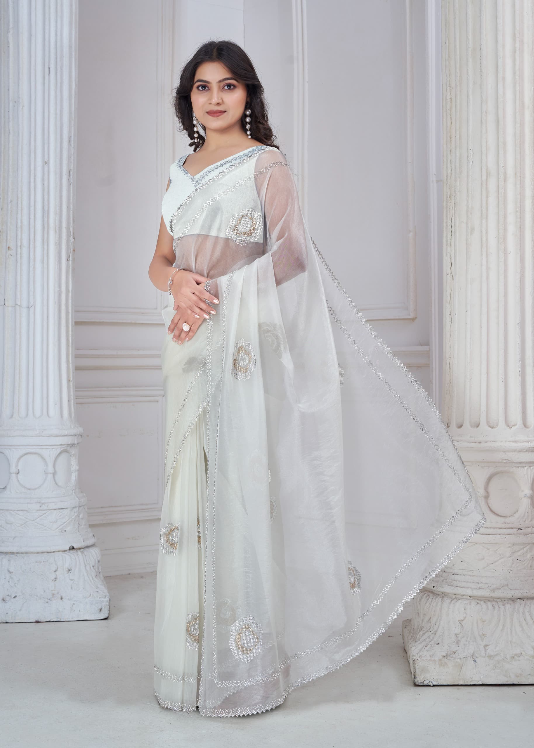 Elegant White Supreme Organza Saree with Zarkan Hand Embroidery – Luxe Festive & Party Wear | Catalog 953