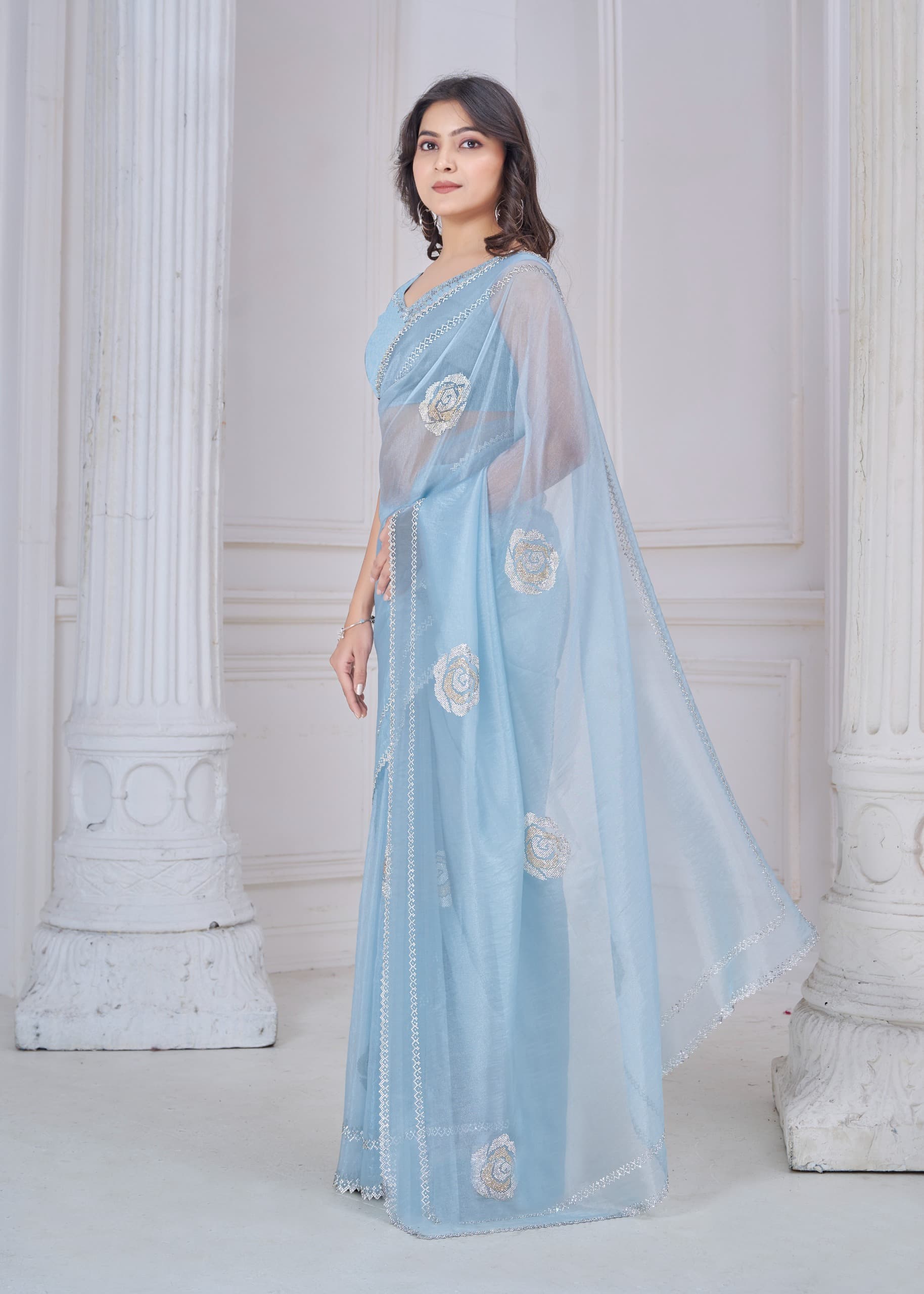 Graceful Light Blue Supreme Organza Saree with Hand Zarkan Embroidery – Premium Party & Festive Wear | Catalog 953