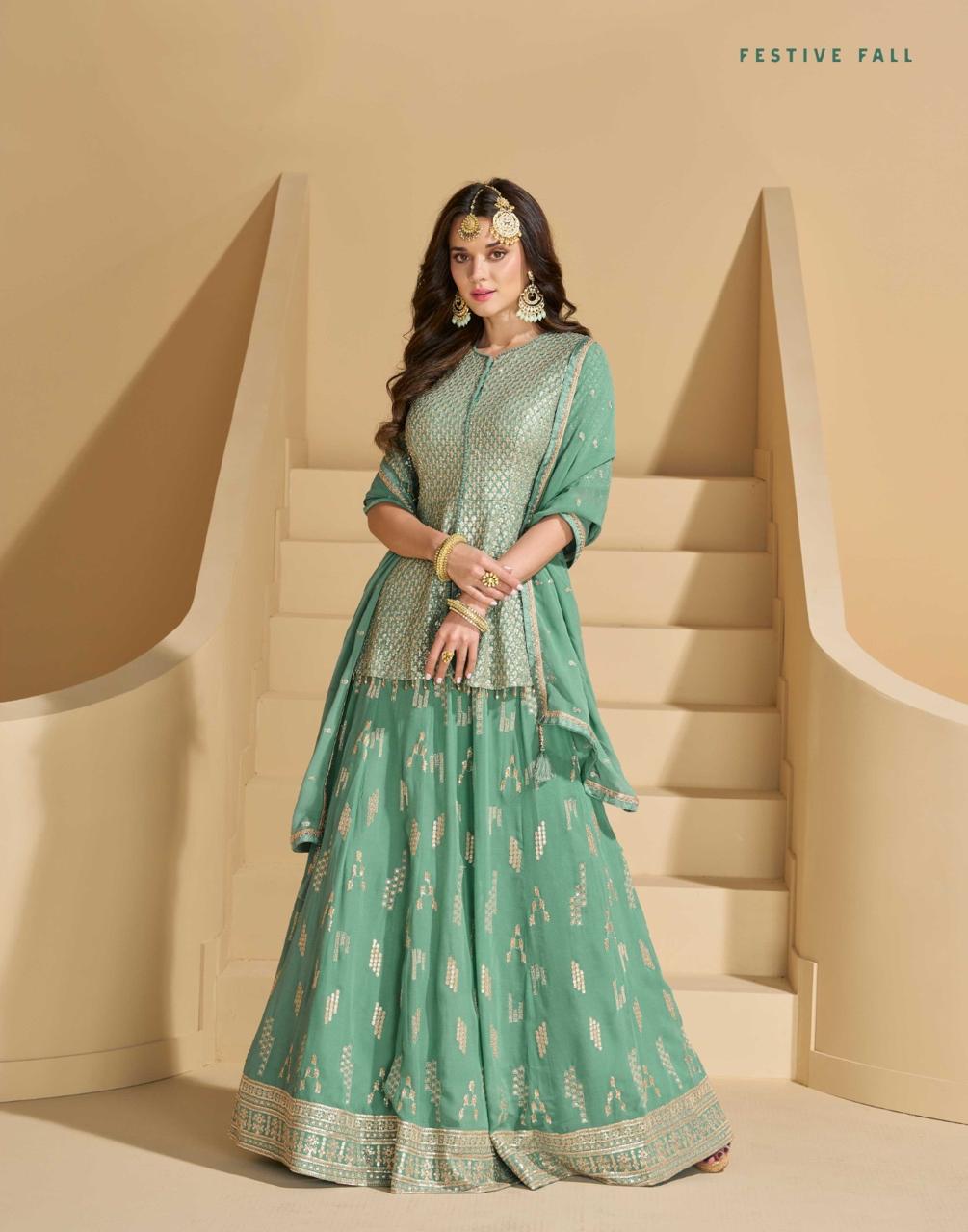 Madhubala Pastel Green Embroidered Georgette Lehenga Set by Sayuri Designer – With Swarovski & Dupatta