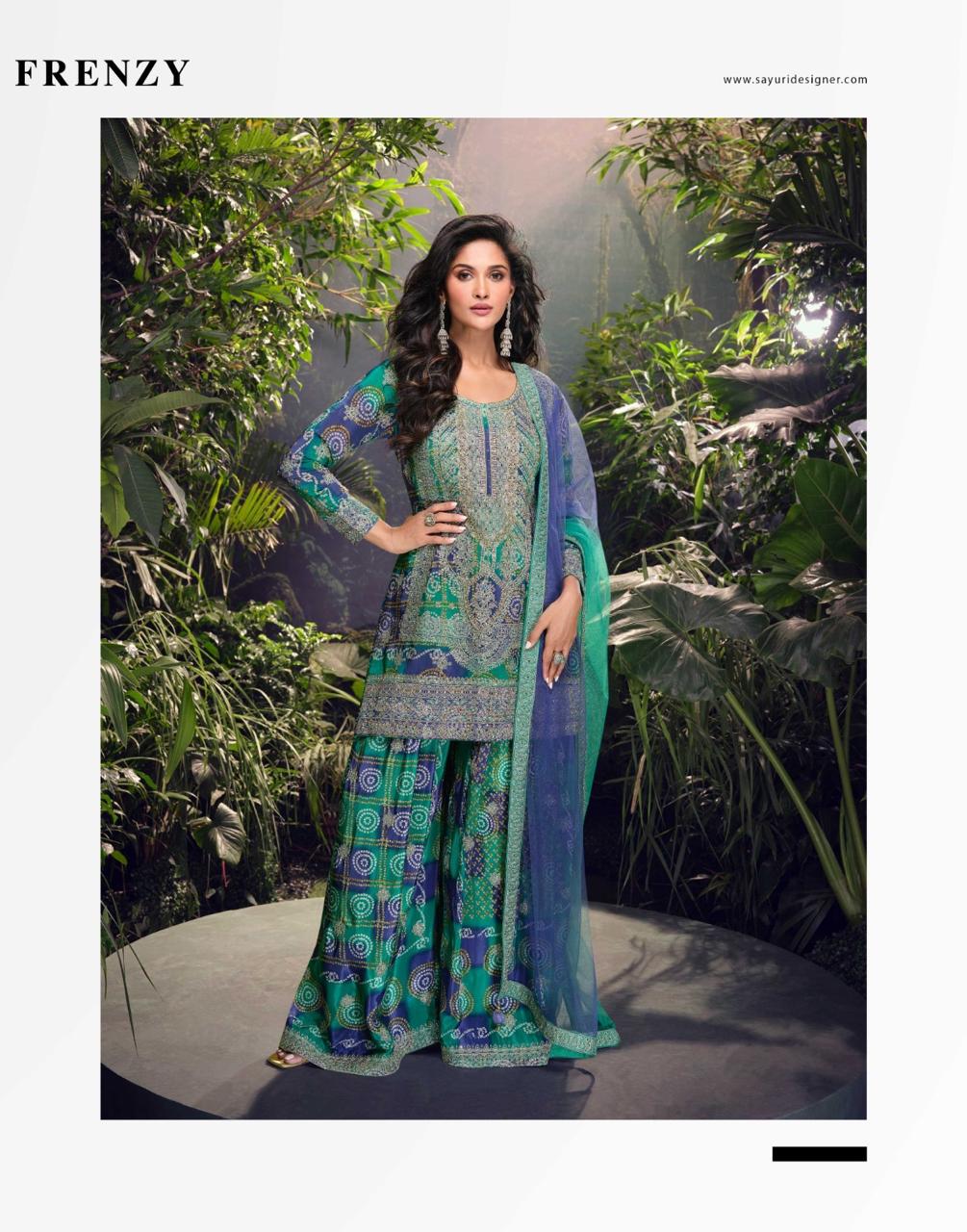 Sayuri Designer Carnival Peacock Green Embroidered Chinon Silk Plazzo Set with Mirror Work & Net Dupatta