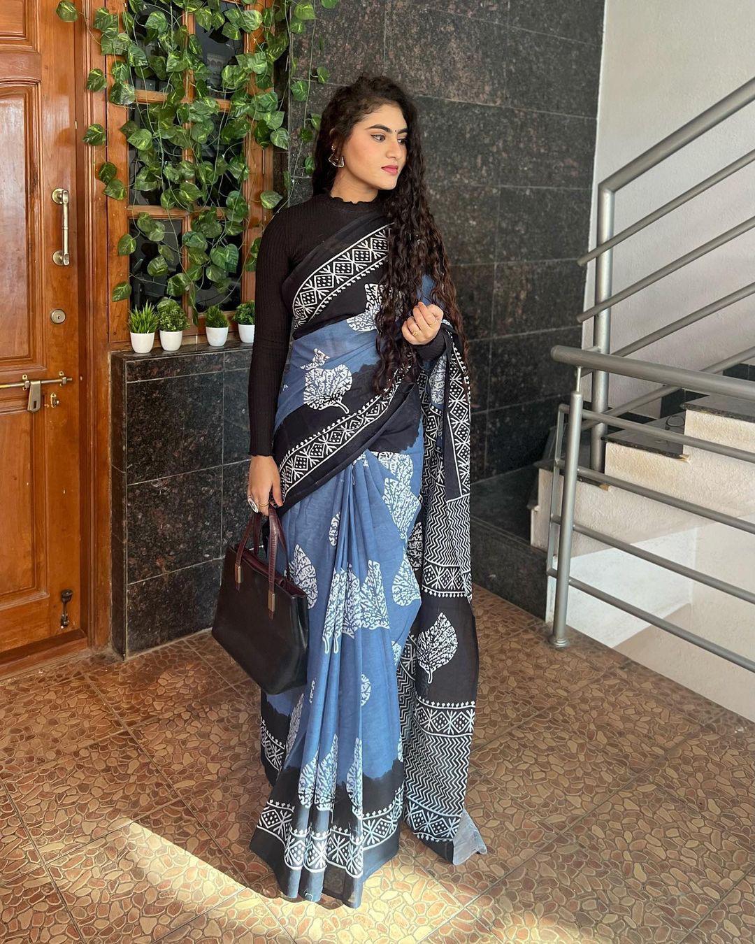 Black & Indigo Blue Linen Blend Saree with White Handblock Leaf Print