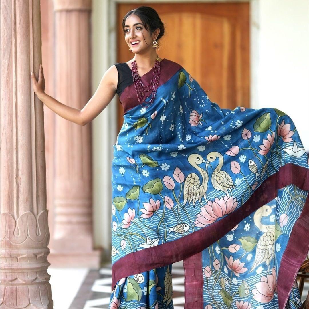 Hand-Painted Blue Linen Saree with Swan & Lotus Motifs